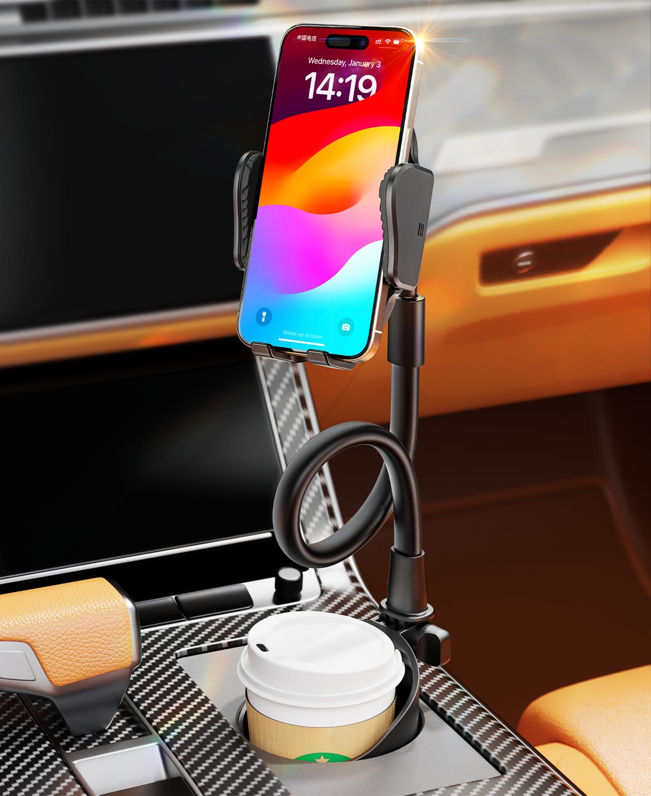 2 in 1 Cup Holder Cell Phone Holder for Car Gooseneck Phone Mount for Car Bottle Free Fit All 4-7‘’iPhone Android