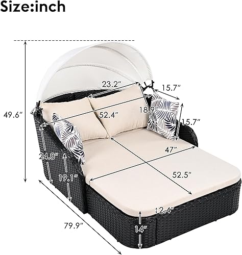 Miniatura 7 de Merax, Cama de salón doble, sofá de ratán azul para exteriores con toldo retráctil, juego de sofá de conversación seccional para patio trasero y