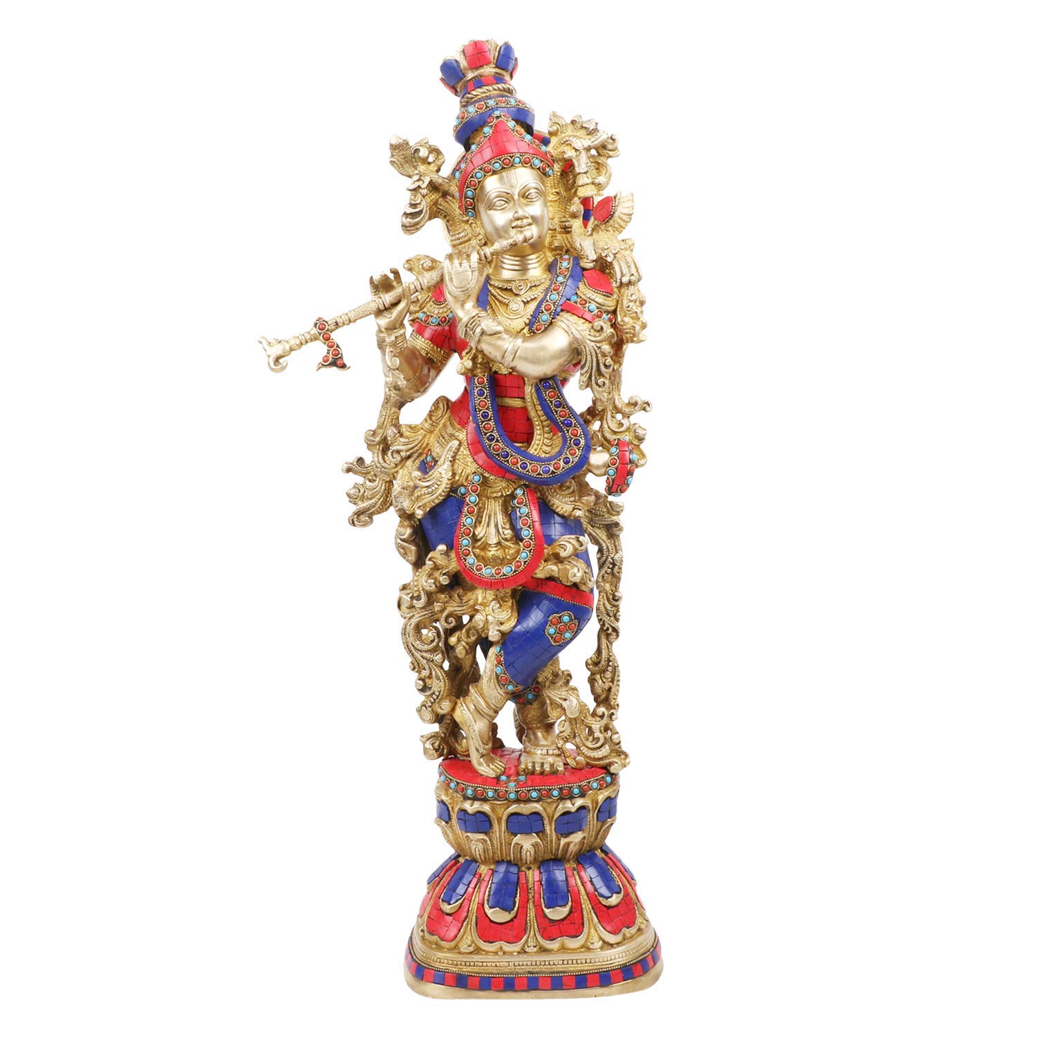 Kartique Brass Krishna Bhagwan Murti Murli Kishan Idol Standing Playing