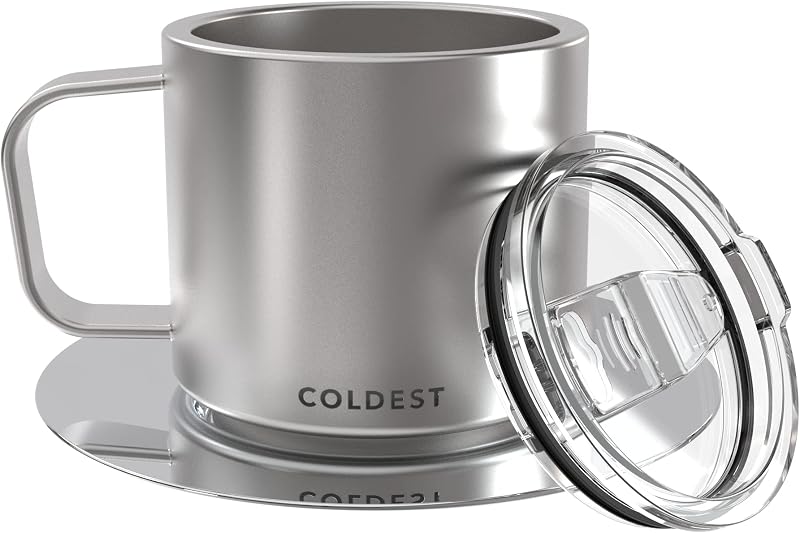 Stackable Insulated Espresso Cup with Saucer by Coldest - Insulated Triple Wall Travel Stainless Steel Travel Double Shot Espresso Coffee Mug with Sliding Lid (4 oz, Polished Stainless Steel)