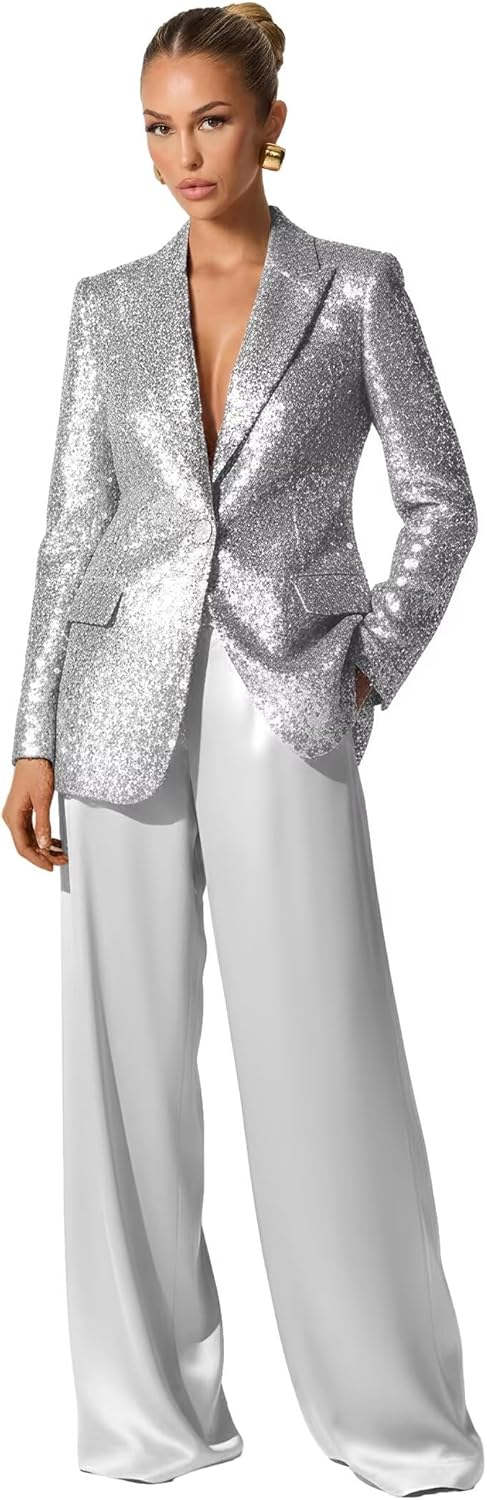 Sequin Womens Suit 2 Piece Glitter Sparkly Womens Suits for Wedding Party 1 Button Peak Lapel Shiny Prom Tuxedo