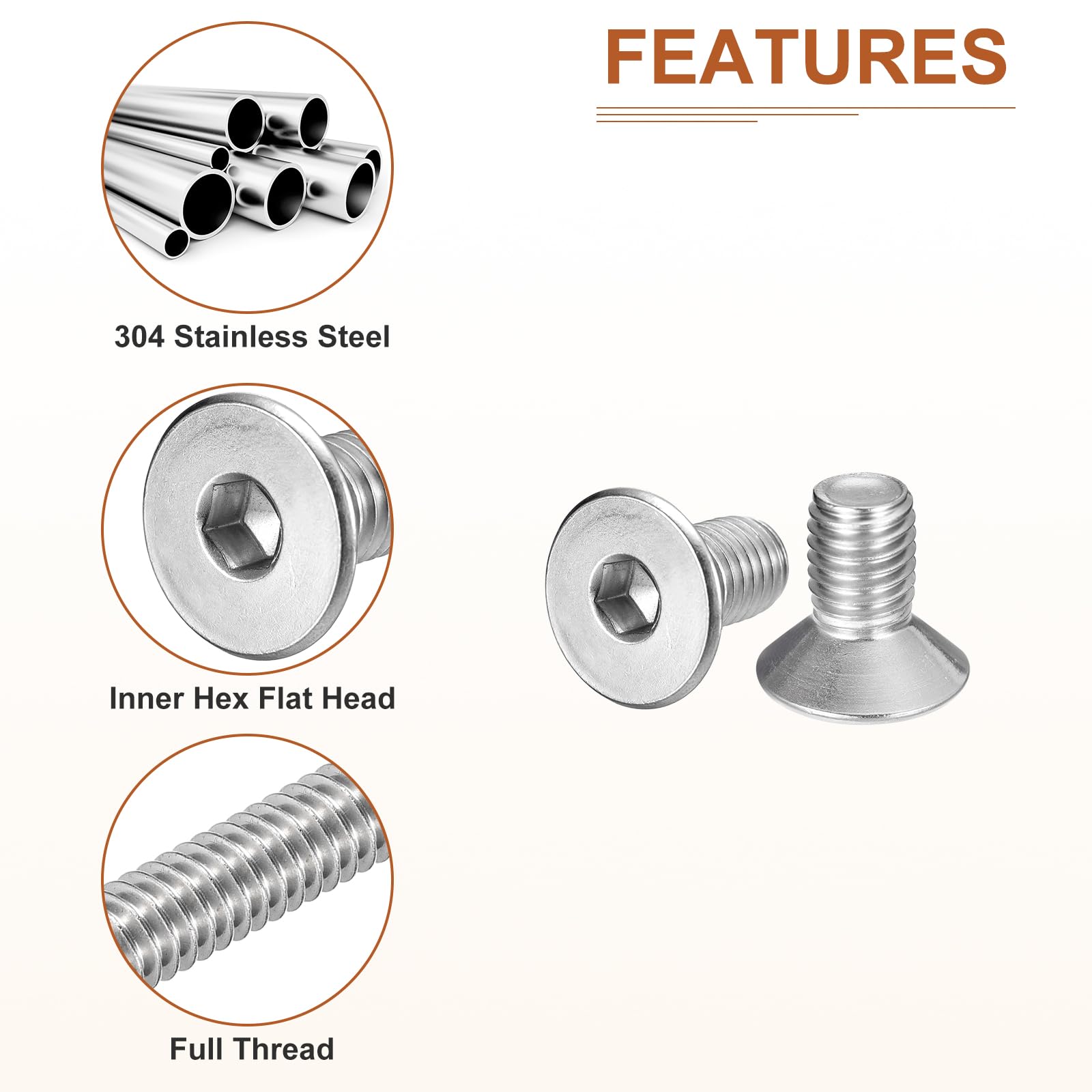 DTGN M10-1.5 x 20mm Flat Head Socket Cap Screws, 10 Pack 304 Stainless Steel Hex Socket Flat Head Screws, Full Thread - Image 4