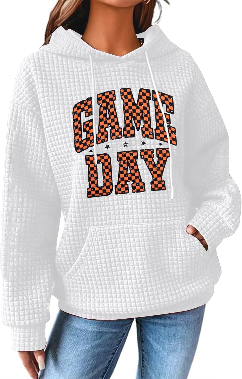 Game Day Sweatshirt Women: Funny Football Heart Graphic Sweatshirt Waffle Knit Long Sleeve Gameday Fans Pullover Tops