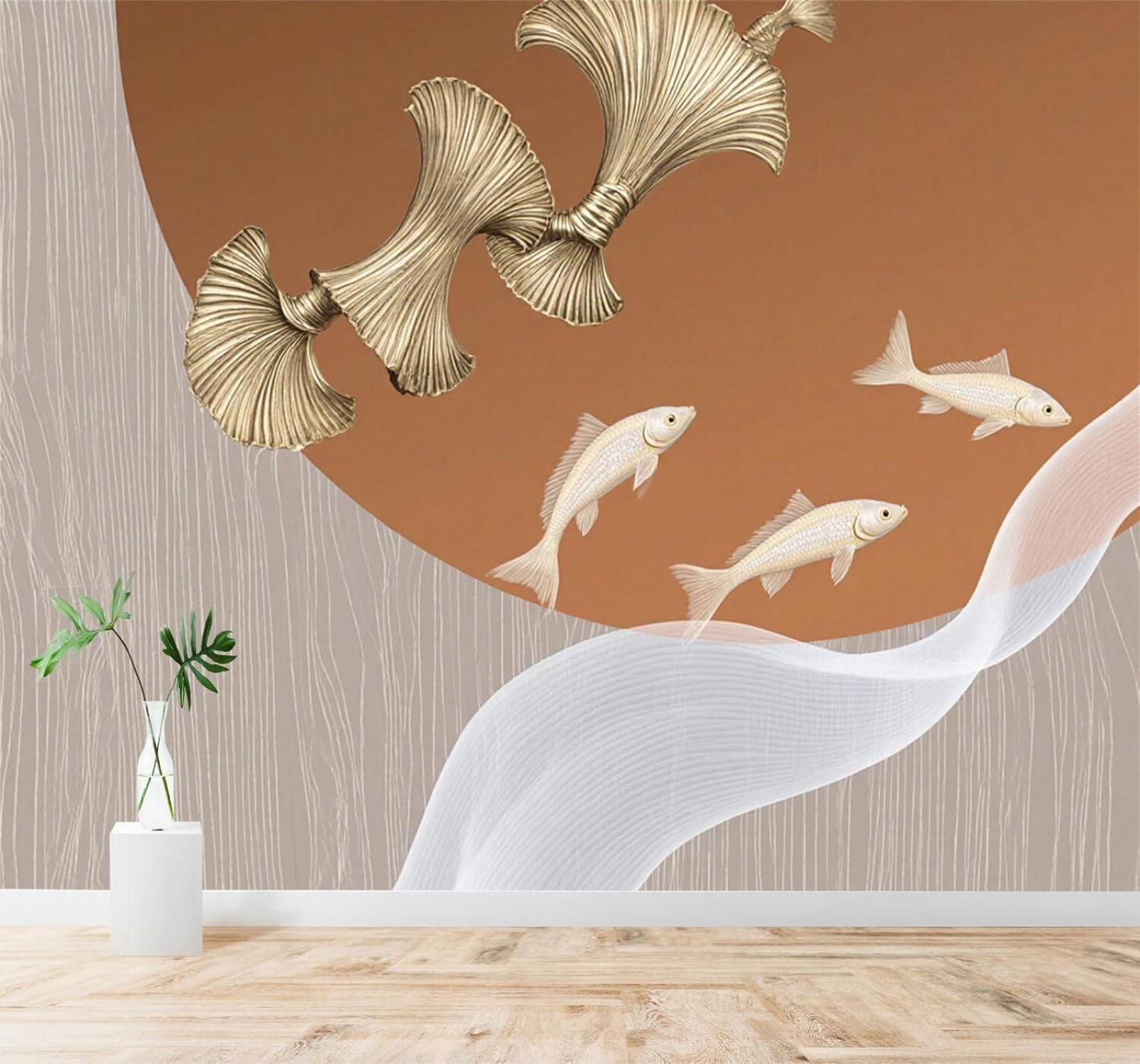 XLMING Gold Ginkgo Leaves Abstract Waves Small Fish 3D Wallpaper Premium Textured Silk Study Dining Living Room Bedroom Sofa TV Wall Easy Install-300cm×210cm