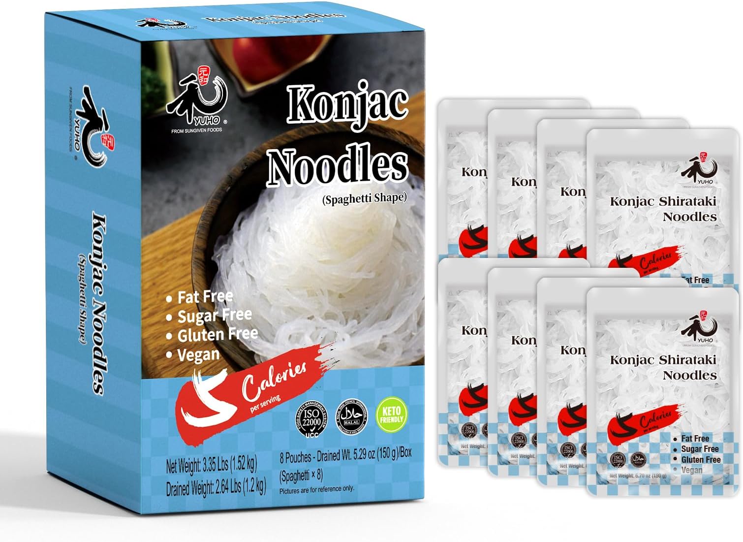YUHO Shirataki Konjac 8 Pack Inside, Vegan, Gluten Free, Fat-Free, Keto Friendly, Low Carbs 53.61 Oz (1520 g)