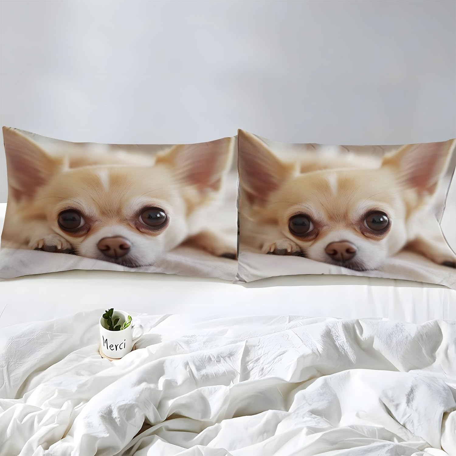Fitted Sheet with Deep Pocket Mattress Cover Sheets Set, Bed Cover for Kids Cute Chihuahua Pattern Print Bedding Set King Size Fitted Sheet with 2 Pillow Cases Cream