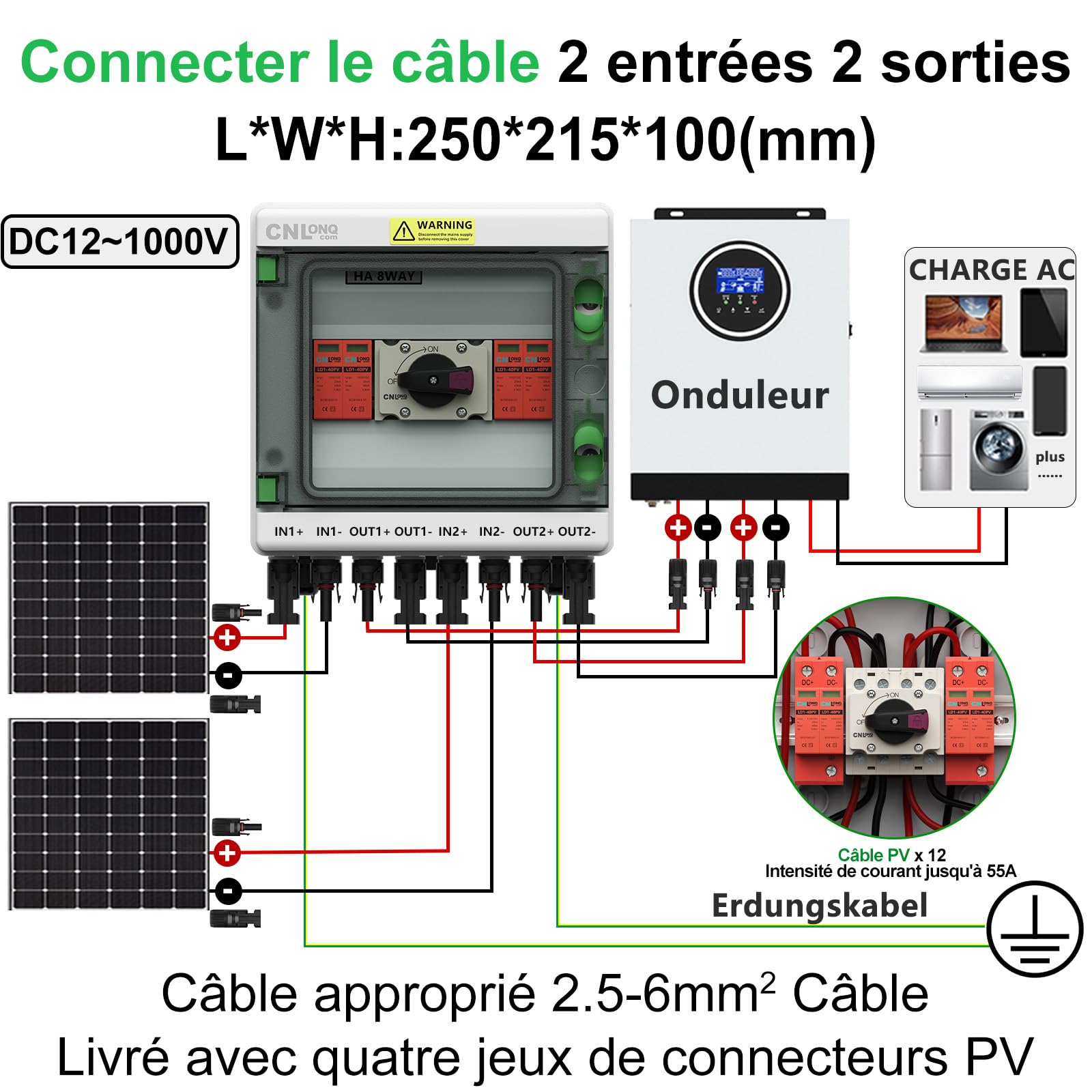 Boîtes de Protection contre la foudre DC1000V 32 Amps 2 Entrées 2 Sorties Isolateur Disjoncteur et Parafoudre, IP65 Boitier de Jonction Solaire Pour Les Panneaux Solaires Extérieurs