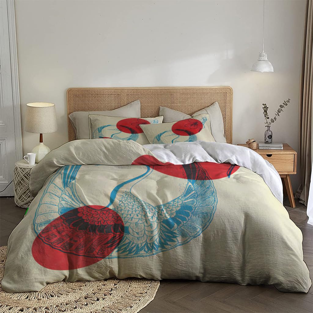 NIBAINLO 布団カバー抽象的な日本の鶴と桜の赤い太陽 肌に優しい ピーチスキン加工 掛け布団カバー 和式 洋式 あったか 布団カバーセット リバーシブル ホームステイ ホテル 家庭兼用