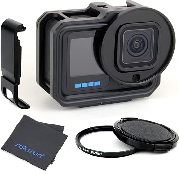 SOONSUN Aluminum Case with UV Filter and Charging Side Door for GoPro Hero 13 12 11 10 9 Black, Metal Cage Protective Frame Housing Built-in Dual Cold Shoe Mount to Connect Video Light Microphone