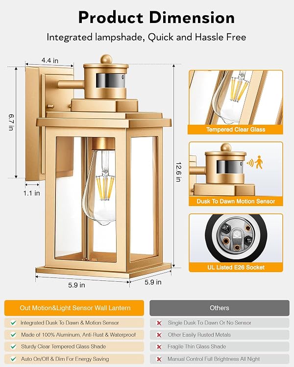 VIANIS Motion Sensor Exterior Lights for House, Dusk to Dawn Outdoor Light Fixture Lantern, Gold Waterproof Outdoor Motion Sensor Light for House, Doorway, Entryway, Garden, Hardwired, Non-Solar by VIANIS - Image 4