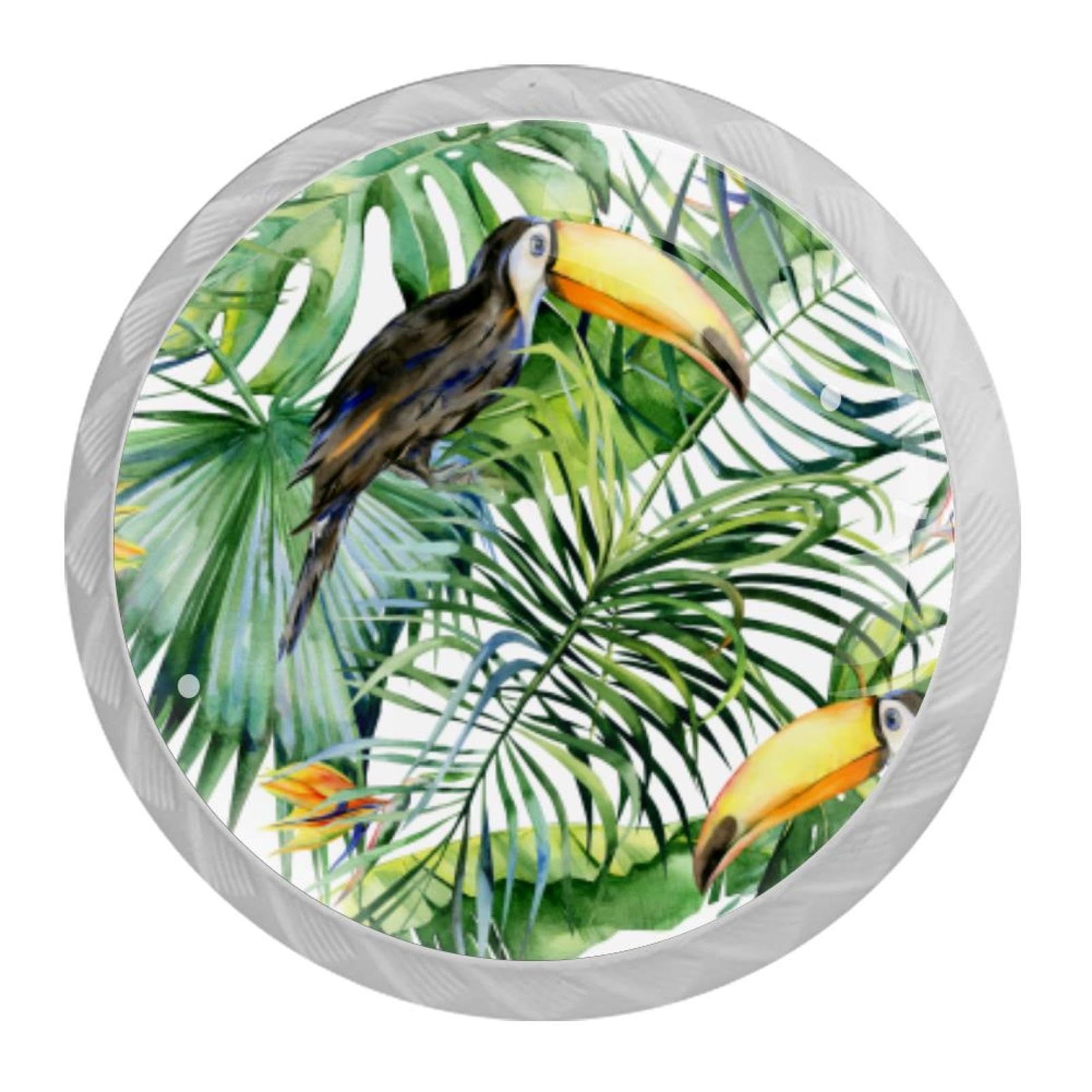 Tqmspg 4 Pieces Drawer Pulls Toucan Birds and Palm Leaves Door Knobs Dresser Handles for Kitchen Wardrobe Cupboard Hardware Furniture