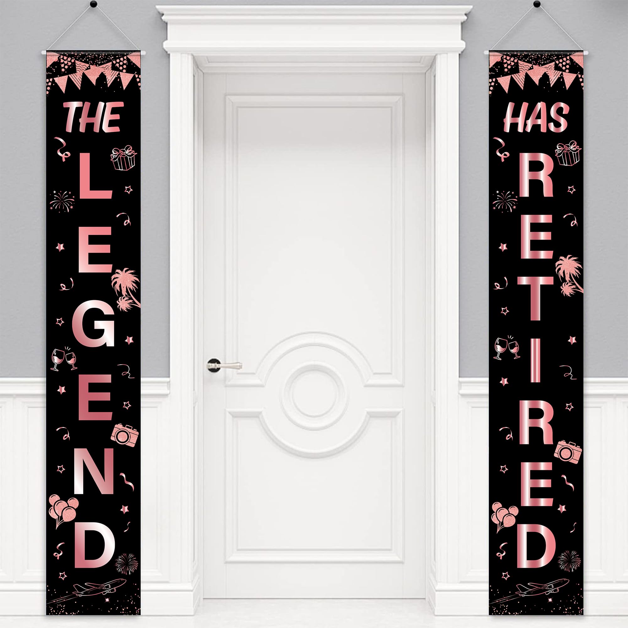 Retirement Party Decorations Door Bannner - 2 Pcs Rose Gold Door Banners The Legend Has Retired Celebration For Men Women Happy Retirement Party Decoration Supplies, 180 × 30 CM