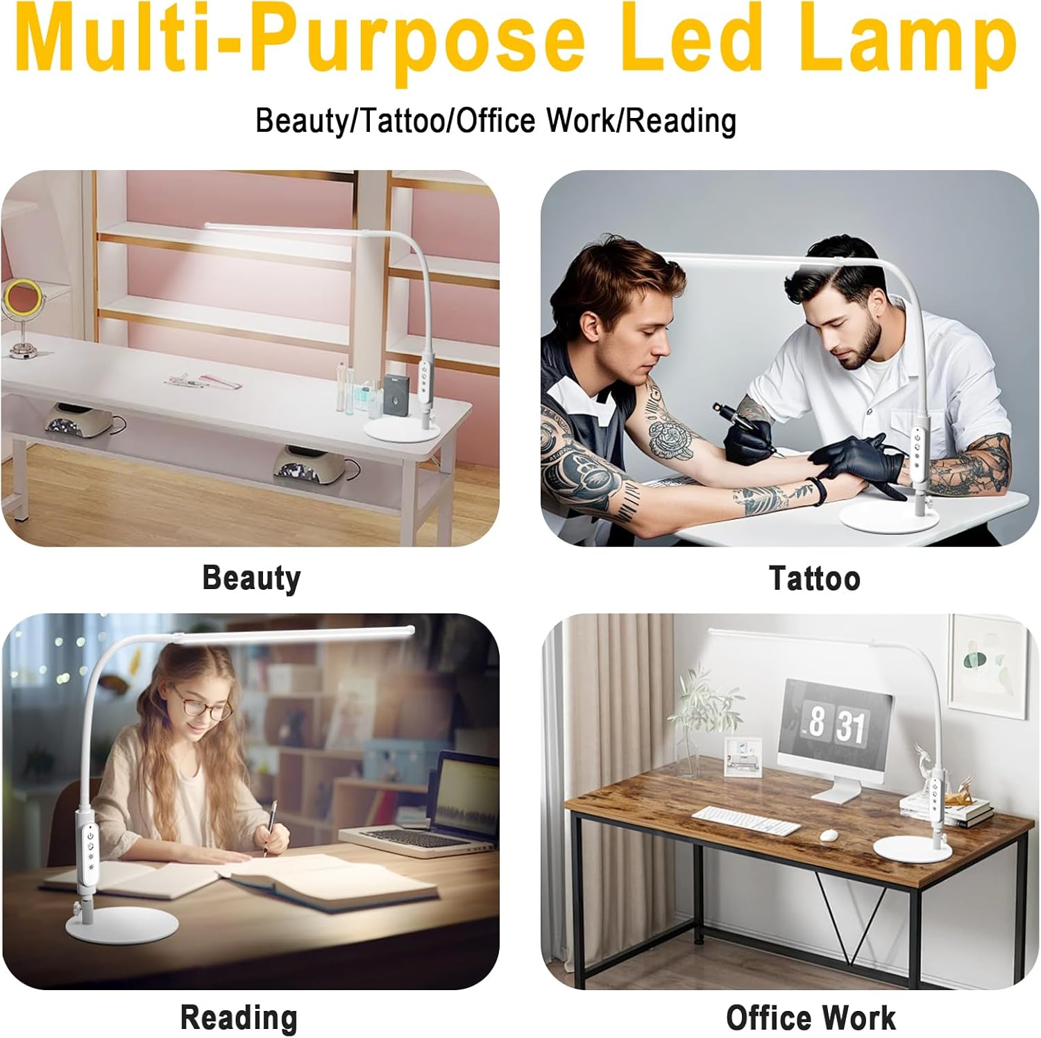 CGBE Led Desk Lamp: 360° Adjustable Nail Light for Desk with 3 Color Modes 5 Brightness, 23.6-Inch Nail Lamp for Desk for Salon Manicurist Tattoo Crafts Sewing Work Reading Game