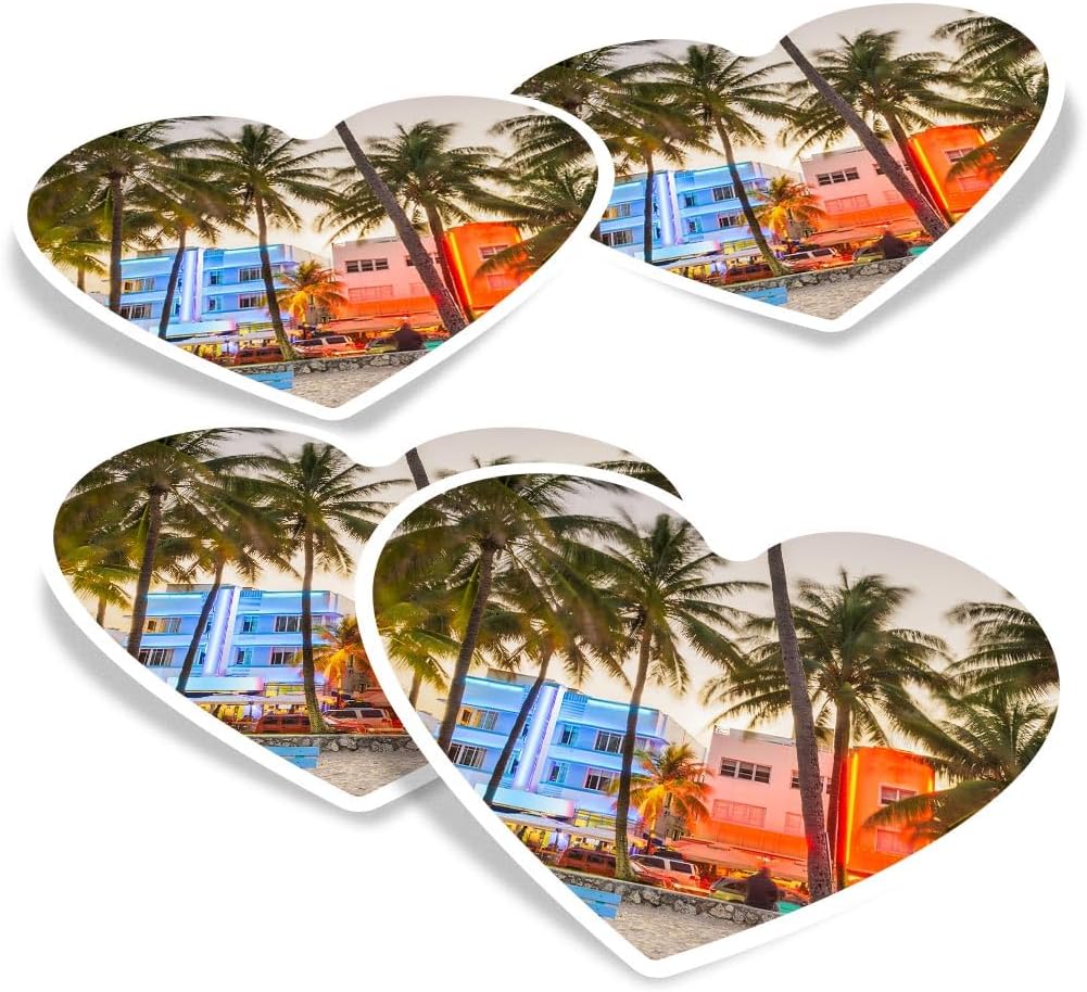 Vinyl Heart Stickers (Set of 4) 10cm - Miami Beach Florida Ocean Drive for Laptops, Tablets, Luggage, Scrap Booking, Fridges #51442