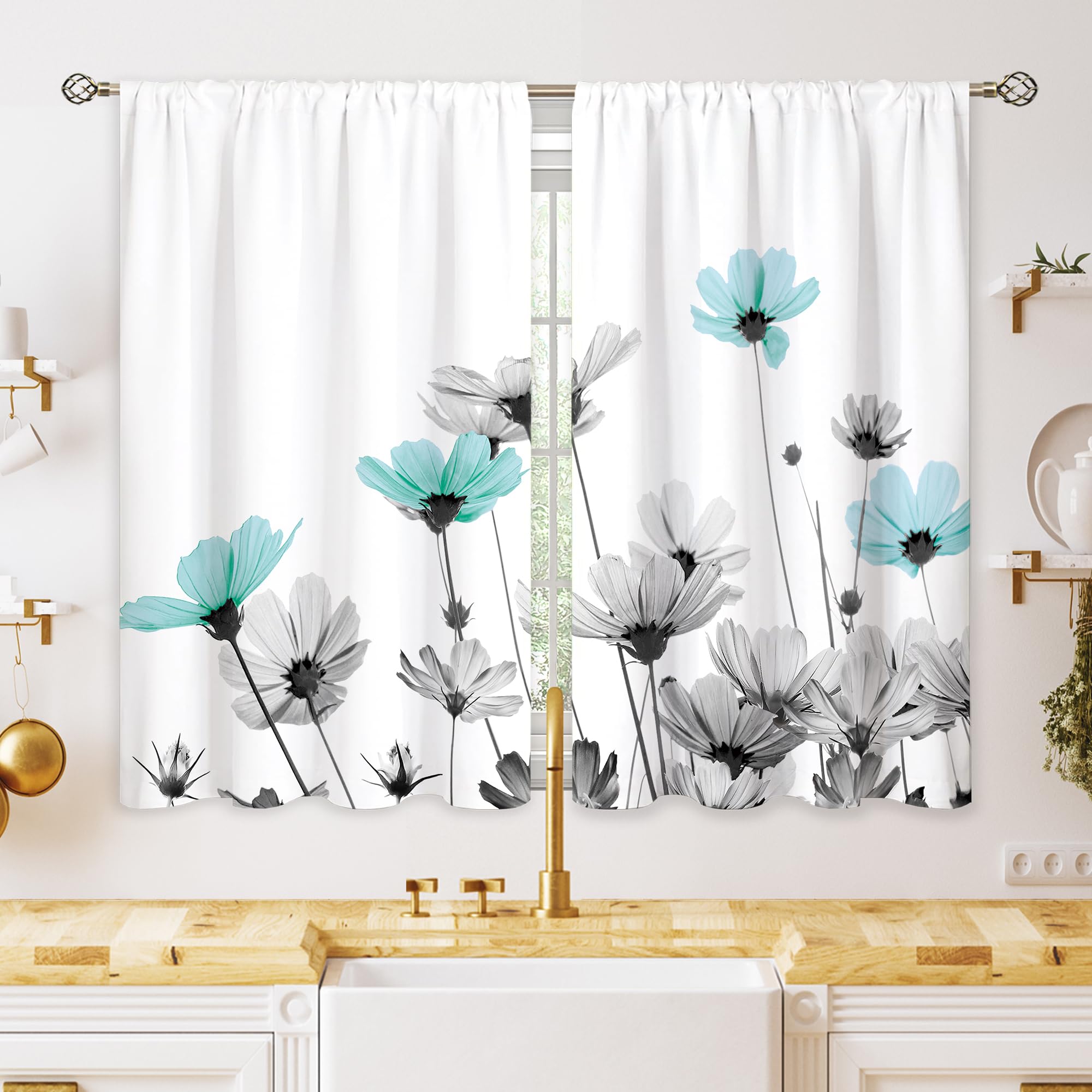 oolygoo Farmhouse Teal Grey Floral Kitchen Curtains Rustic Flower Window Treatment Wildflower Small Cafe Short Window Curtains for Bathroom Dining