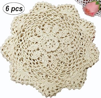 Creative Linens Crochet Lace Doilies, 6PCS 8 Round Beige Cotton Handmade
