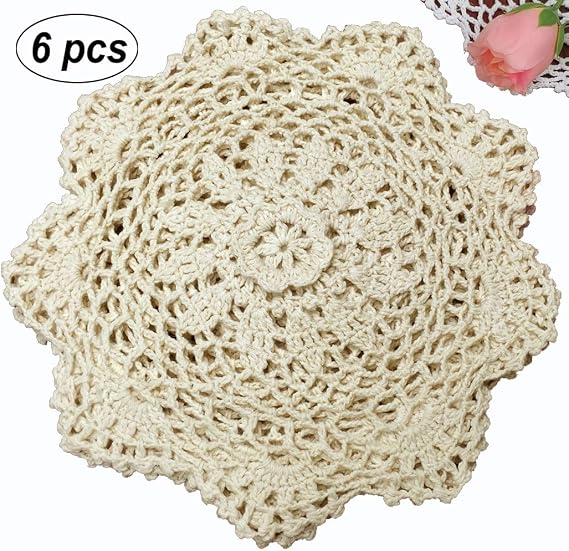 Creative Linens Crochet Lace Doilies, 6PCS 8 Round Beige Cotton Handmade