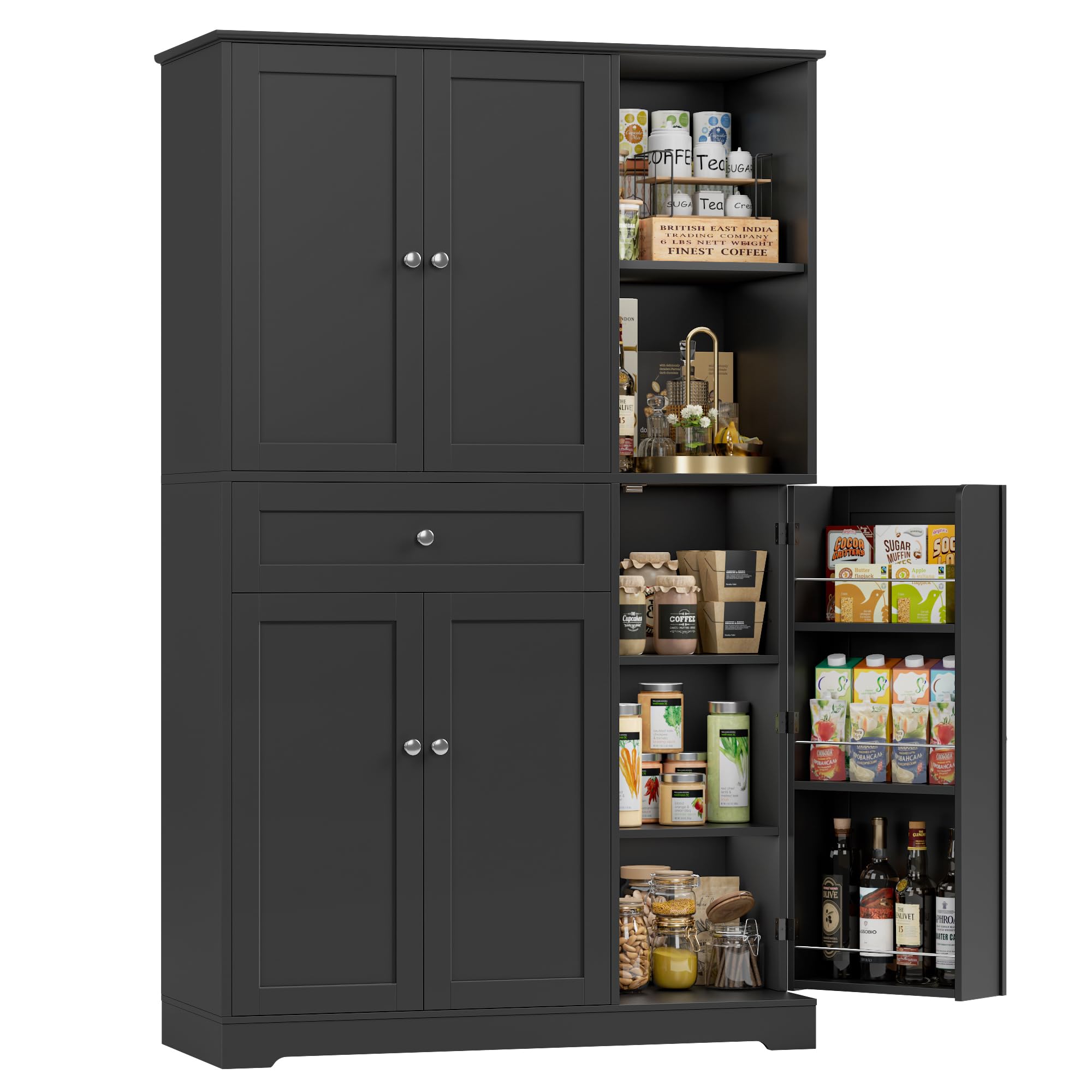 FirFurd Kitchen Cupboard Tall Kitchen Cabinet with Spice Rack Pantry Cupboard Free Standing Sideboard Storage Cabinet with 5 Doors & 2 Open Shelves Dining Room Furniture 173x104x40cm Black
