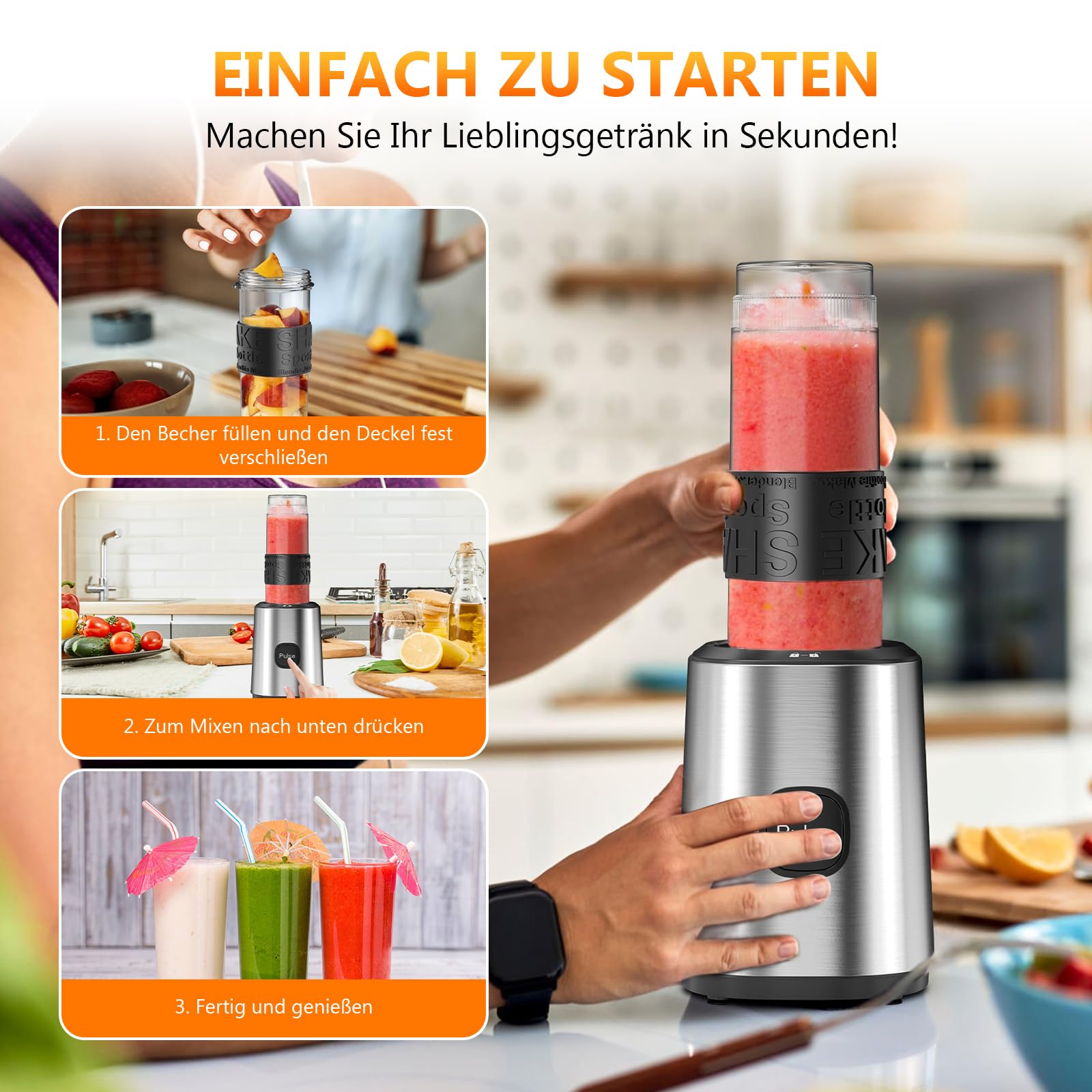 Mixer, Smoothie Maker, Standmixer, 500W Smoothie Mixer mit 2x570ml Smoothie Flaschen BPA frei Tritan,Tragbarer Blender Smoothie Maker aus Edelstahl 4-Klingen-System,für Jede Art von Shake und Smoothie