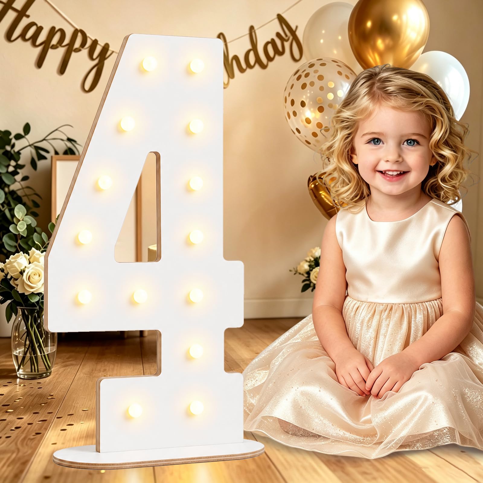 44CM White Wooden Light Up Numbers 4, 4th Birthday Decor for Boys Girls