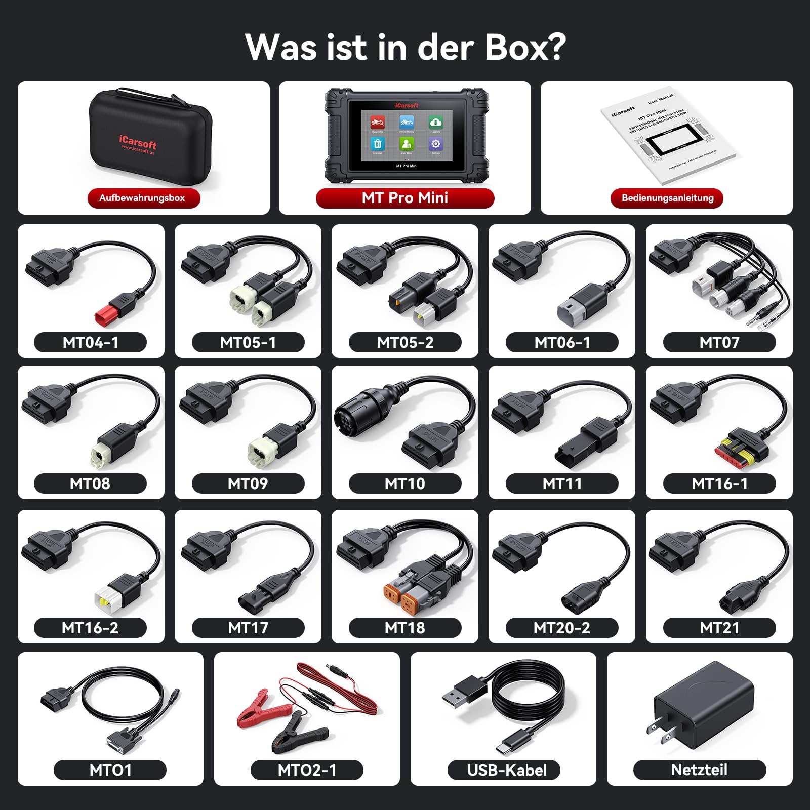 iCarsoft MT Pro Mini Motorrad Diagnosegerät für 21 Marken, OBD2 Diagnosegerät mit Alle Servicefunktionen, Komplettsystem Auslesegerät, Bidirektionaler Test, AutoVIN, Batterietest, Lebenslanges Update