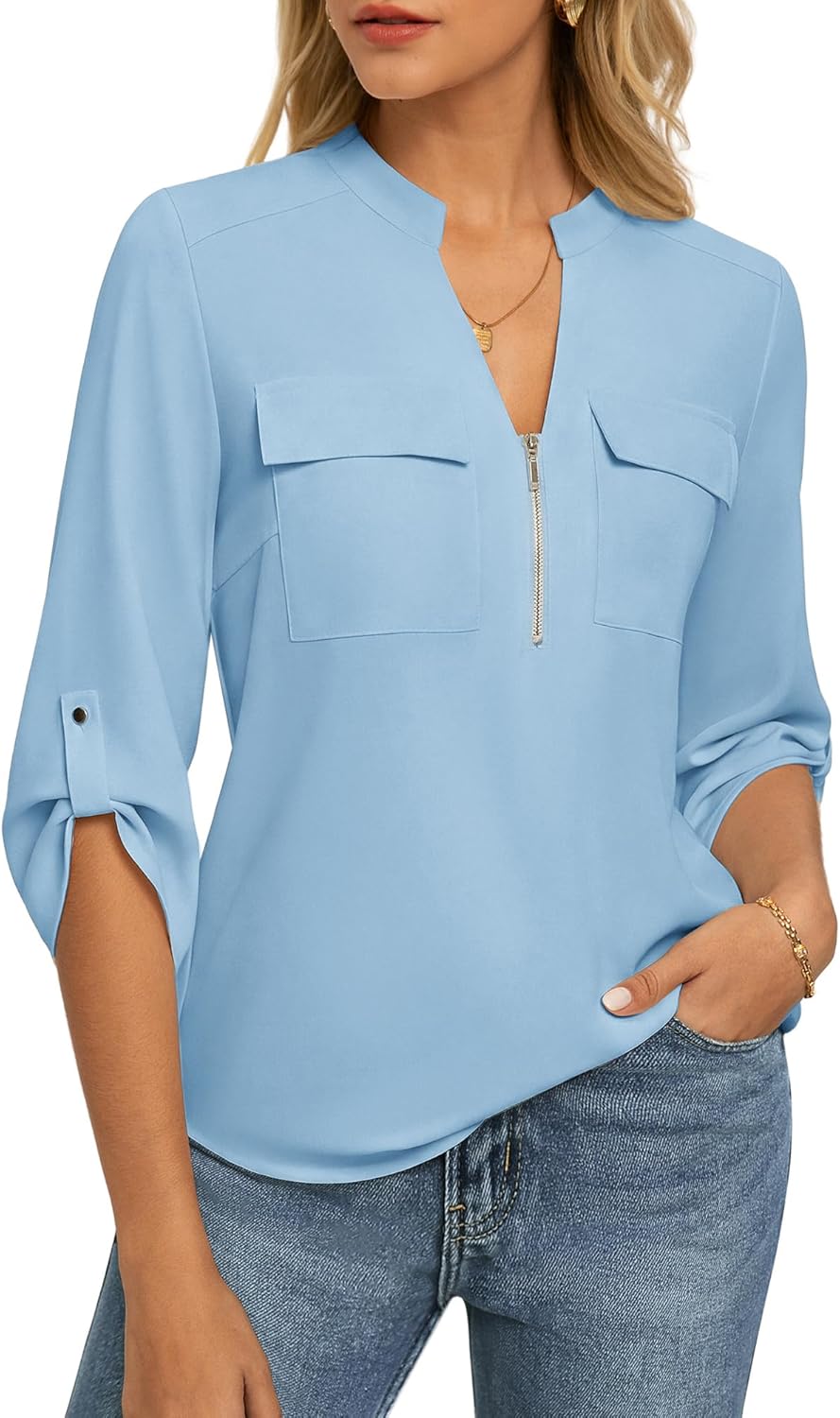 Womens Business Casual Tops,3/4 Sleeve Henley Shirts with Zip Up,Office Work Blouses Lightweight Summer