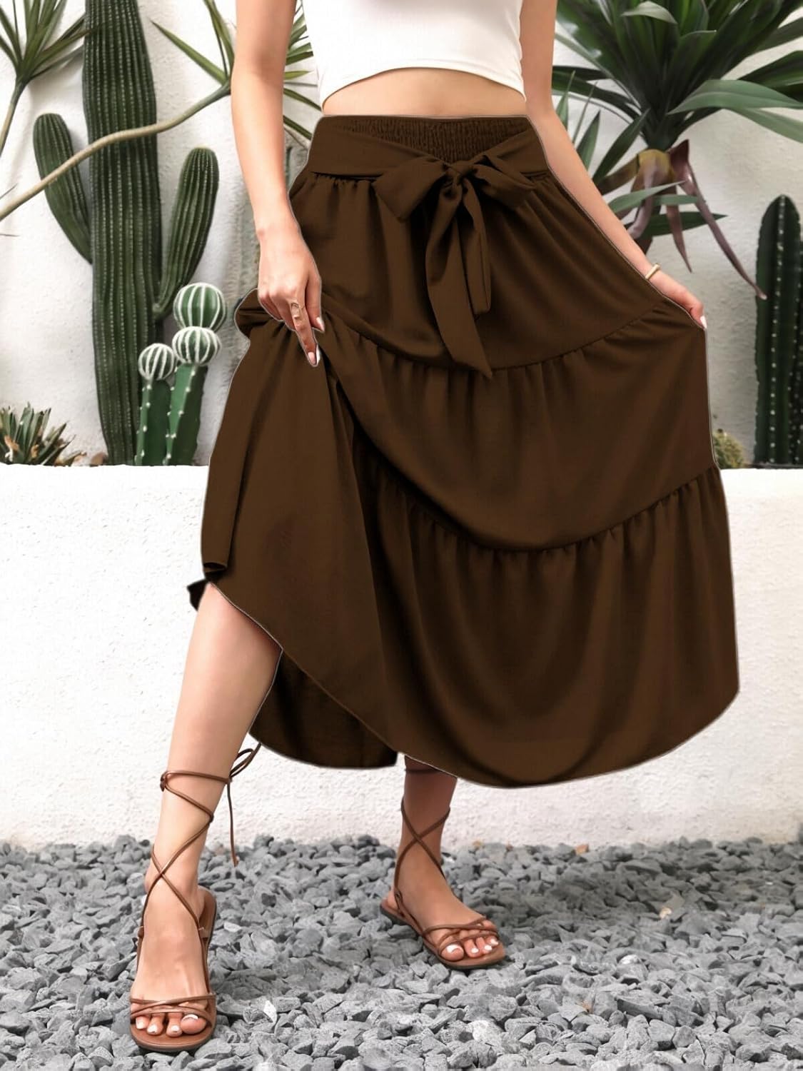 Womens Spring Summer Boho Maxi Skirt Tie Knot Elastic High Waisted Trendy Flowy Beach Long Skirts with Pockets - Image 2