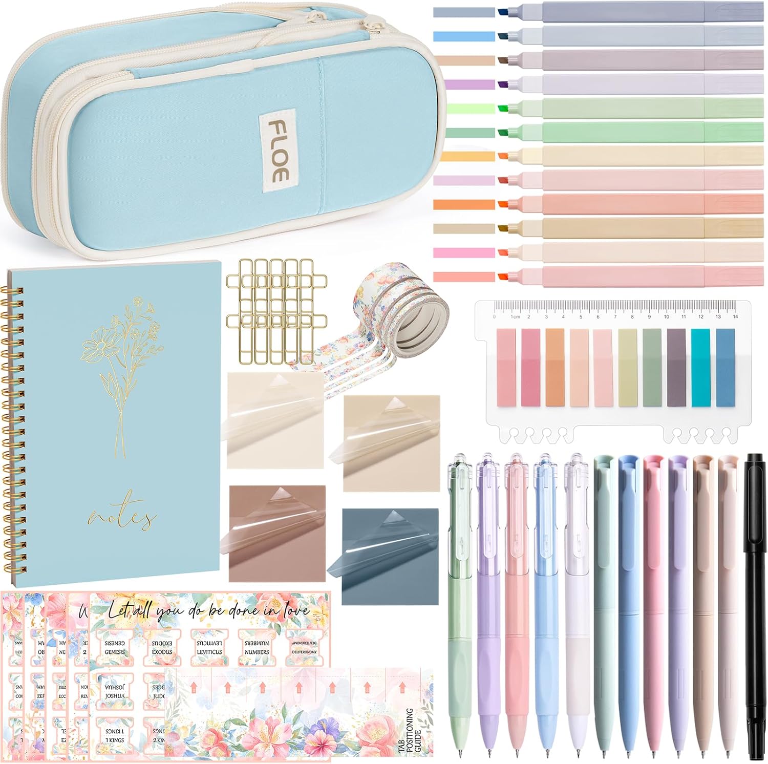 Bible Study Supplies Journaling Kit for Women, Mothers Day Christian Gifts for Women Mom Friend, Bible Study Tool w/Pastel Highlighter Pen No Bleed, Pencil Case Notebook Annotation Kit Accessories Set