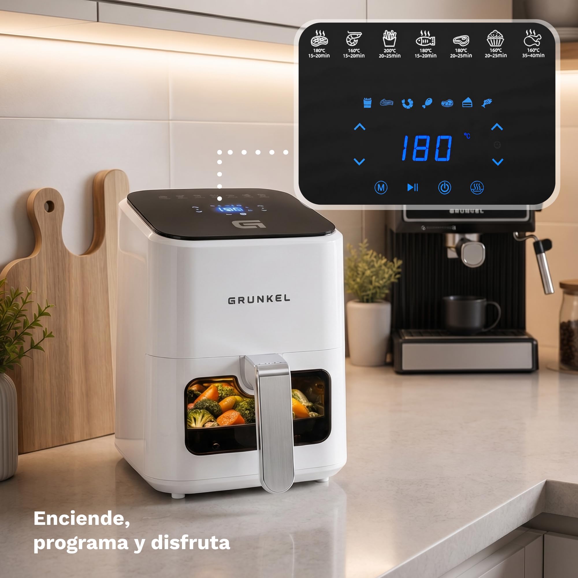 Grunkel - Freidora aire - Air Fryer - 4 Litros y 7 programas. WEF. Panel de control digital Multifunción y ventanal visualización retroiluminada. Temporizador 60 minutos - Freidora sin aceite (Blanco)
