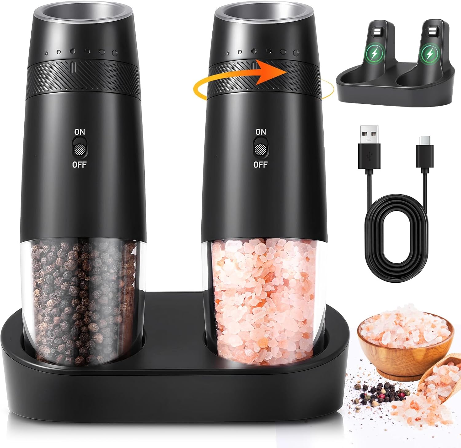 Gravity Electric Salt and Pepper Grinder Set Rechargeable with Charging Base, Automatic Shakers Pepper Mill, Large Capacity, 6-Level External Adjustable Coarseness, LED Light, Kitchen Gadgets