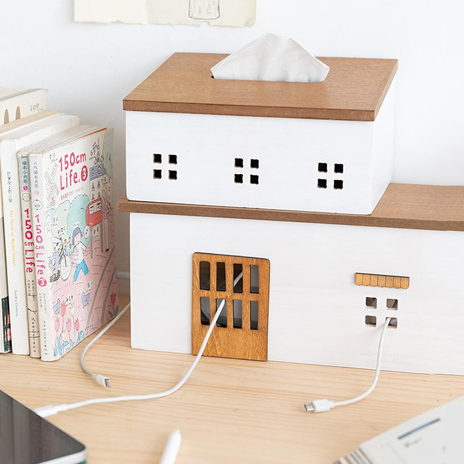 Cute Cable Tidy Box Wooden Wire Management Socket Case Cable Organizer Box to Hide Wires and Power Strips Cable Organizer for Home Office Cable Cords Organizer Boxes
