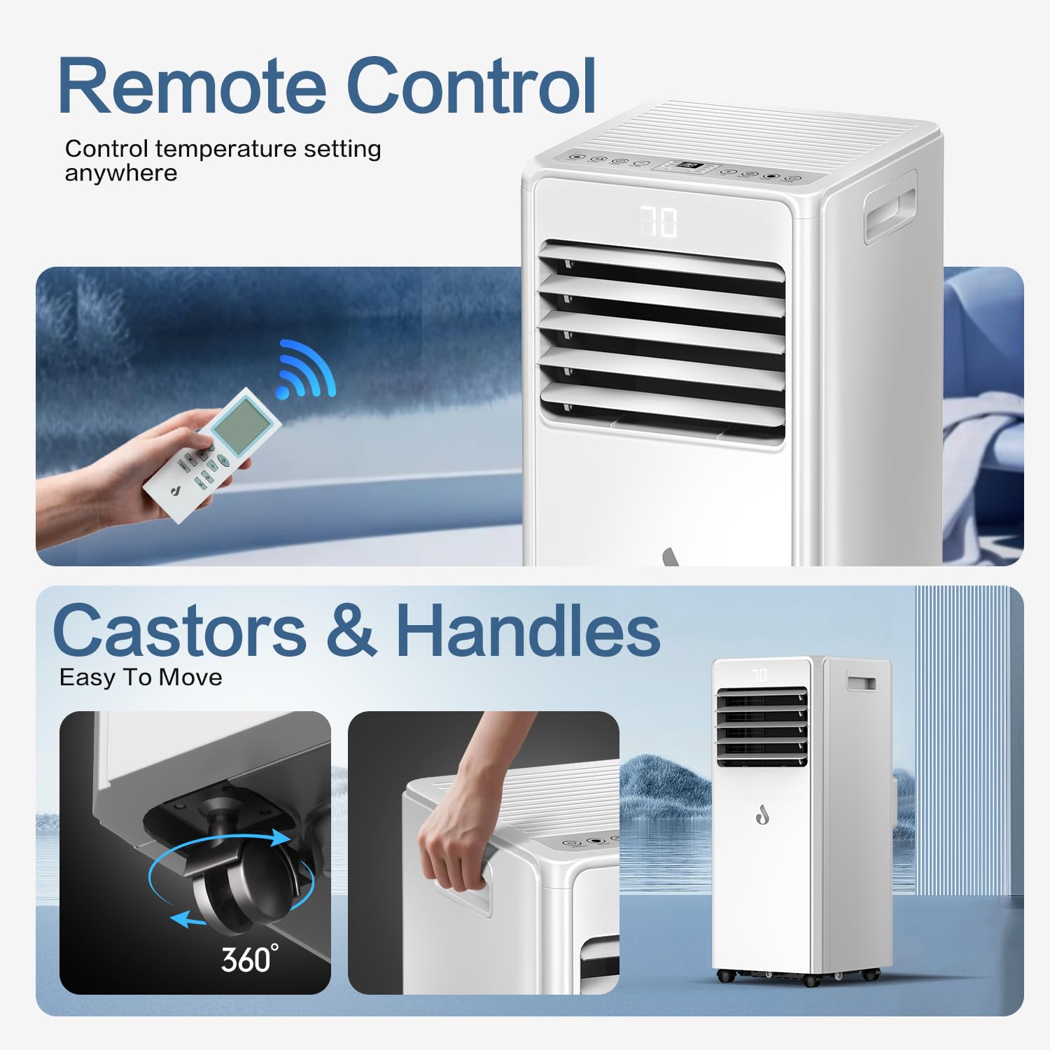 Aire acondicionado portátil de 10,000 BTU para habitaciones de hasta 450 pies cuadrados, unidad de aire acondicionado 4 en 1 con control remoto, unidad de CA inteligente con kit de instalación para el 8