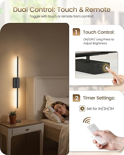 Miniatura 5 de Juego de 2 apliques de pared inalámbricos de 27.6 pulgadas, funciona con pilas, lámparas recargables con control remoto, rotación de 360, 10000mAh,