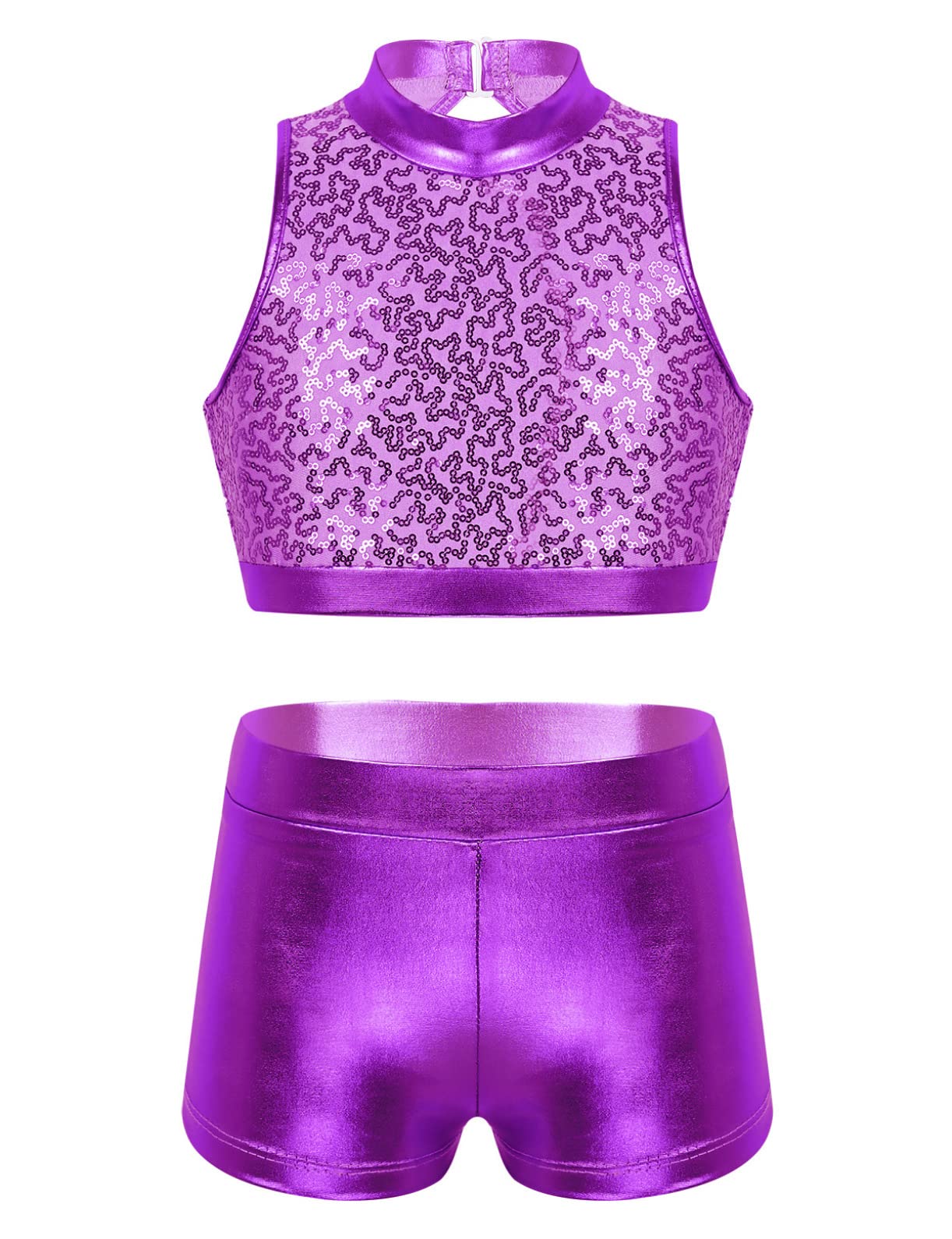 Freebily Conjunto de Deportivo Danza Hiphop para Niñas con Lentejuelas Brillante Crop Top y Leggings Cortos Maillot de Gimnasia Rítmica Ropa Baile Moderno Jazz 5-14 Años