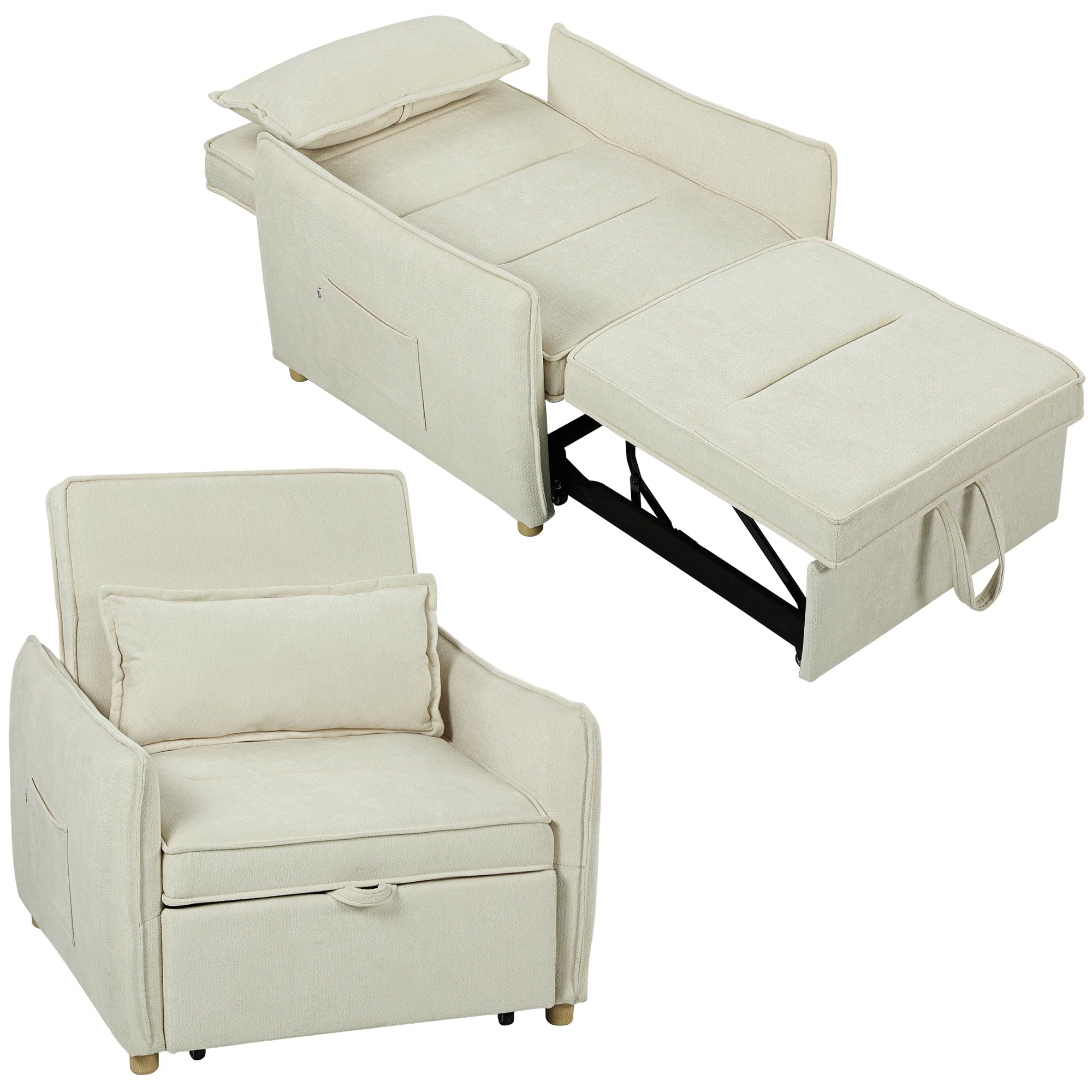 HOMCOM Fauteuil-lit 3 en 1 avec Fonction lit, Large Assise, Blanc Crème