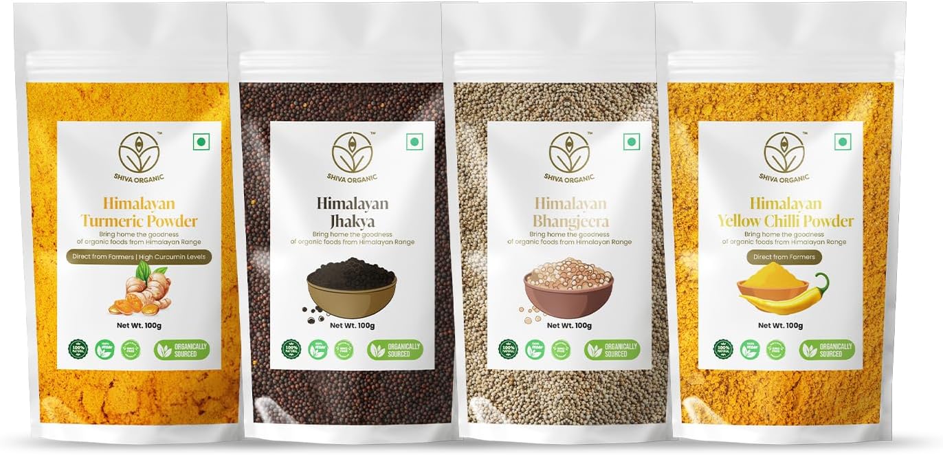 Shiva Organic Himalayan Bhnagjeera/Perilla Seeds/Wild Mustard/Turmeric Powder/Yellow Chilli Powder - Sourced organically from Uttrakhand (Himalayan Spices Combo, 400 grams)