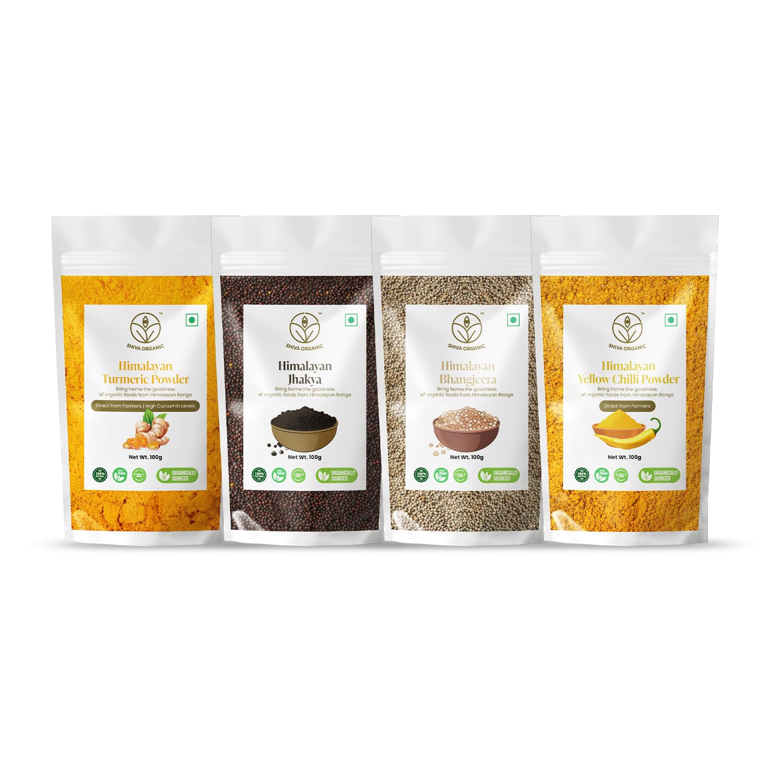 Shiva Organic Himalayan Bhnagjeera/Perilla Seeds/Wild Mustard/Turmeric Powder/Yellow Chilli Powder - Sourced organically from Uttrakhand (Himalayan Spices Combo, 400 grams)