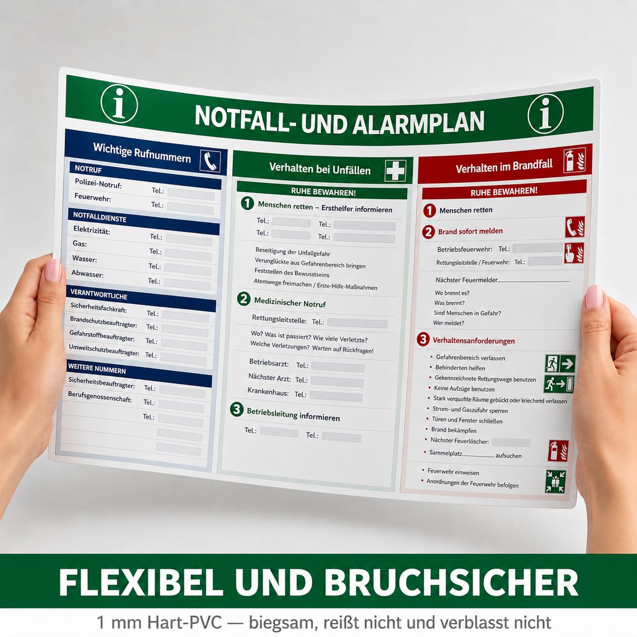 Señal de emergencia y alarma 600 x 400 mm | Cartel de seguridad con números de emergencia para escribir | Comportamiento en accidentes y casos de incendio | PVC duro para oficina, taller, escuela