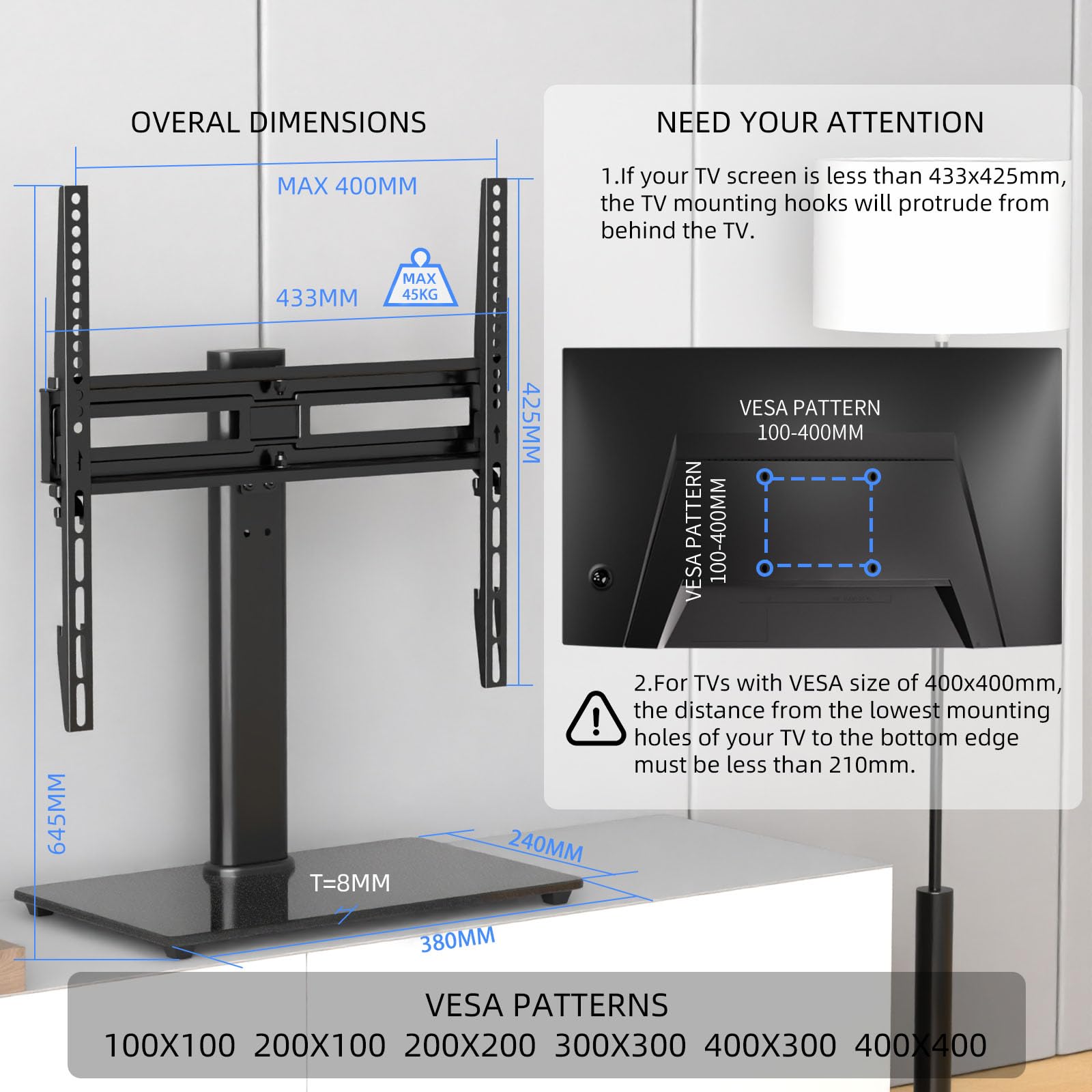 suptek TV Ständer Schwenkbar for 26-55 inch LED OLED Flat Curved Screens bis zu 45 KG, TV Stand höhenvertsellbar, TV Standfuss, Max VESA 400x400mm, TS202