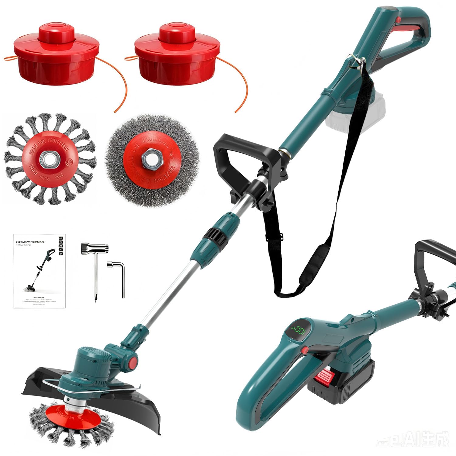 Desbrozadora con batería y cepillo para malas hierbas, 21 V-4,0 Ah, batería cortacésped, 4 en 1, desbrozadora eléctrica, 20000 R/min, mango telescópico de 1 – 45 cm, cabezal giratorio 90° para podar