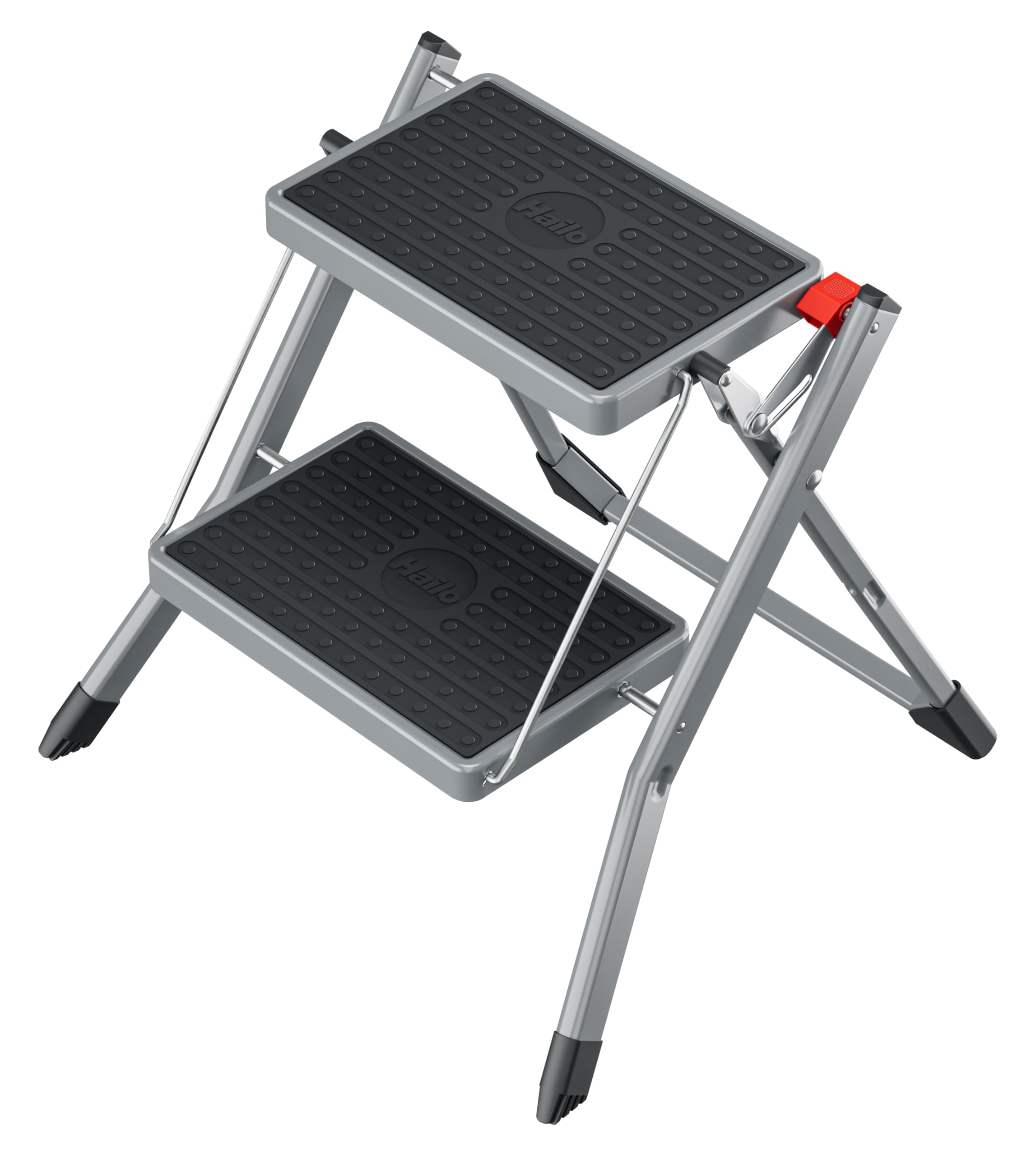 Hailo Grey Mk62 Mk62 Standardline Steel Step Ladder, 2 Extra Wide Steel Steps With Non-Slip Mats, Maximum Load 150 Kg, Folding Safety With Release Button, Step Ladder With Carry Handle