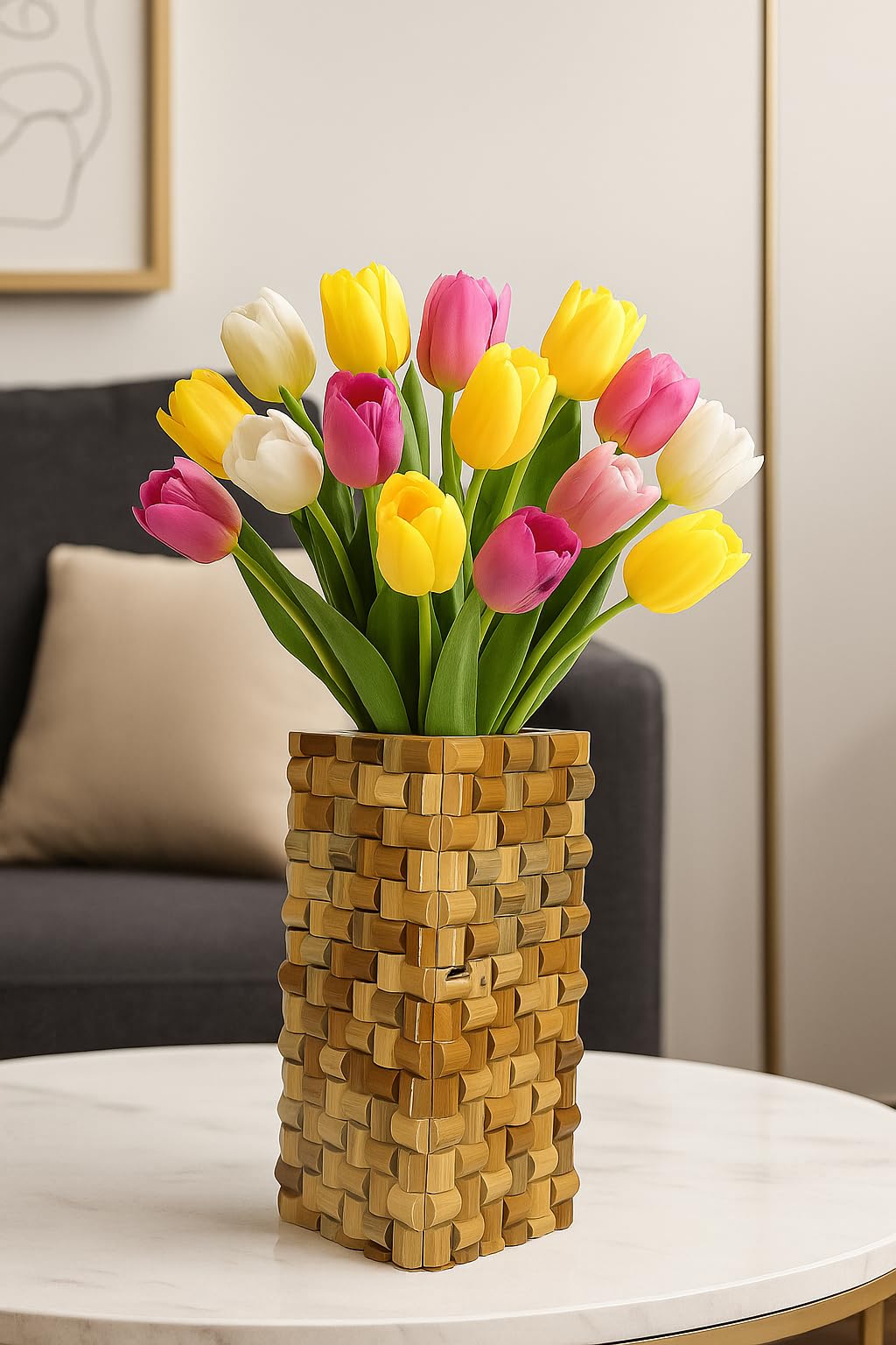 Modern Decorative Wooden Floor Vase – 61 cm (24 Inch) Tall Contemporary Brown & Gold Wood Accent – Handcrafted Geometric Woodblock Design – Home Décor for Living Room, Hallway-image-10