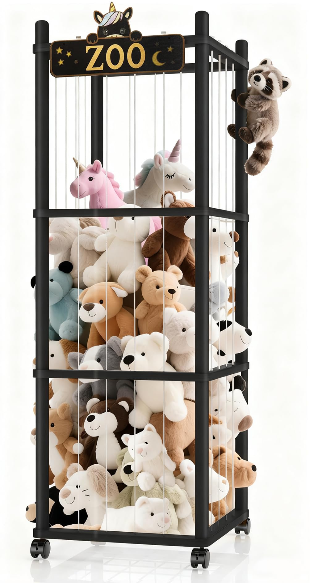Stuffed Animal Storage Zoo Tower,56In Wooden Large Stuffed Animal Holder Organizer with Wheels,Stuffy Plushies Storage with Elastic Band&amp;Mesh Bottom,Toy Storage Organizers for Playroom Nursery（Black）