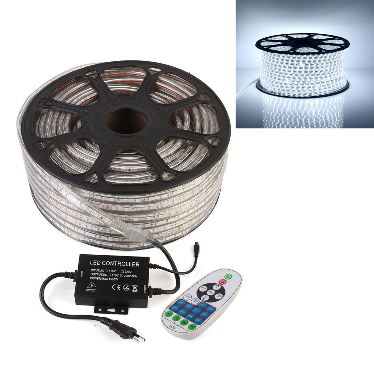 GreenSun LED Lighting Tira de luces LED SMD 5050 de 20 m, color blanco frío, con mando a distancia de 23 teclas, 60 LEDs/M, para interior y exterior, resistente al agua, IP68, banda de luz flexible