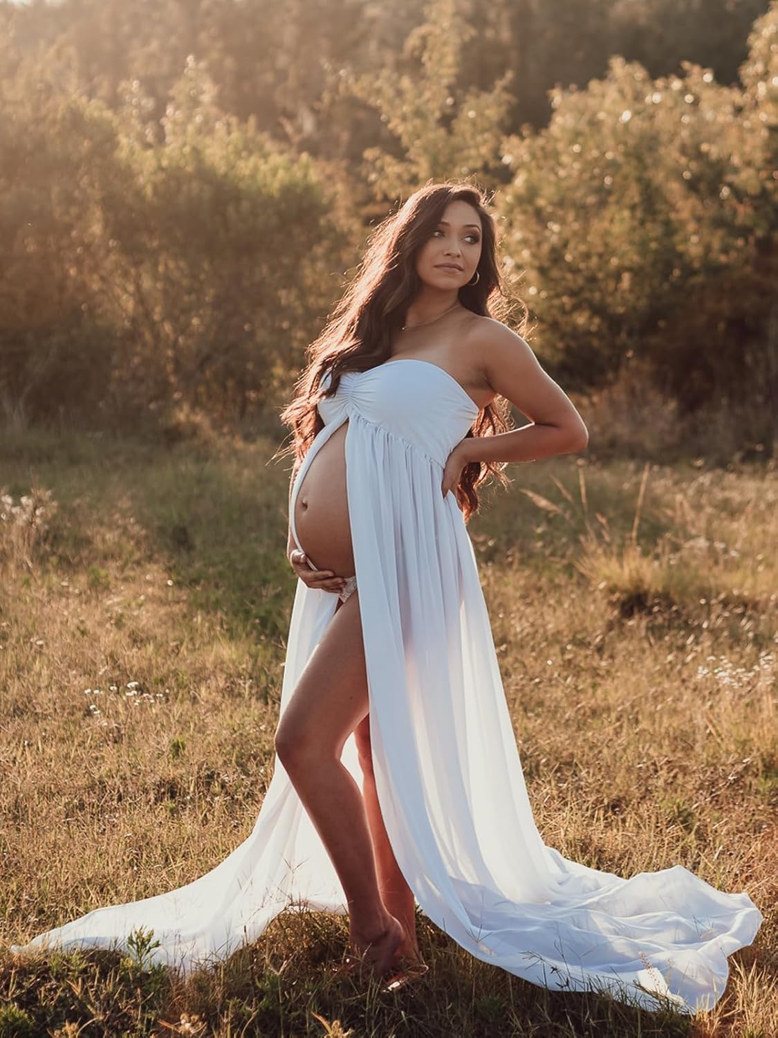 YnimioAOX Women's Off Shoulder Strapless Sweetheart Maternity Dress for Photography Split Front Chiffon Gown for Photoshoot