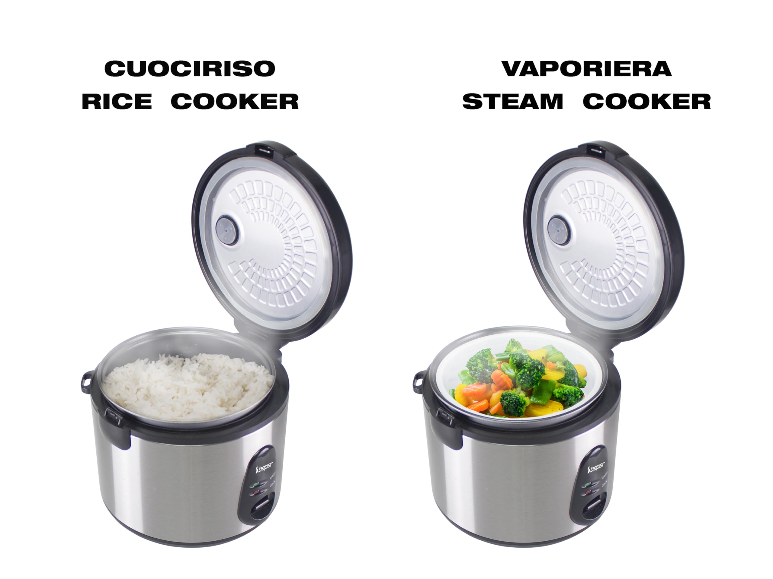 BEPER P101VAP002 Olla arrocera eléctrica con función de conservación del calor, capacidad de 625 g, revestimiento antiadherente, tapa con junta de silicona y bandeja para cocinar al vapor.