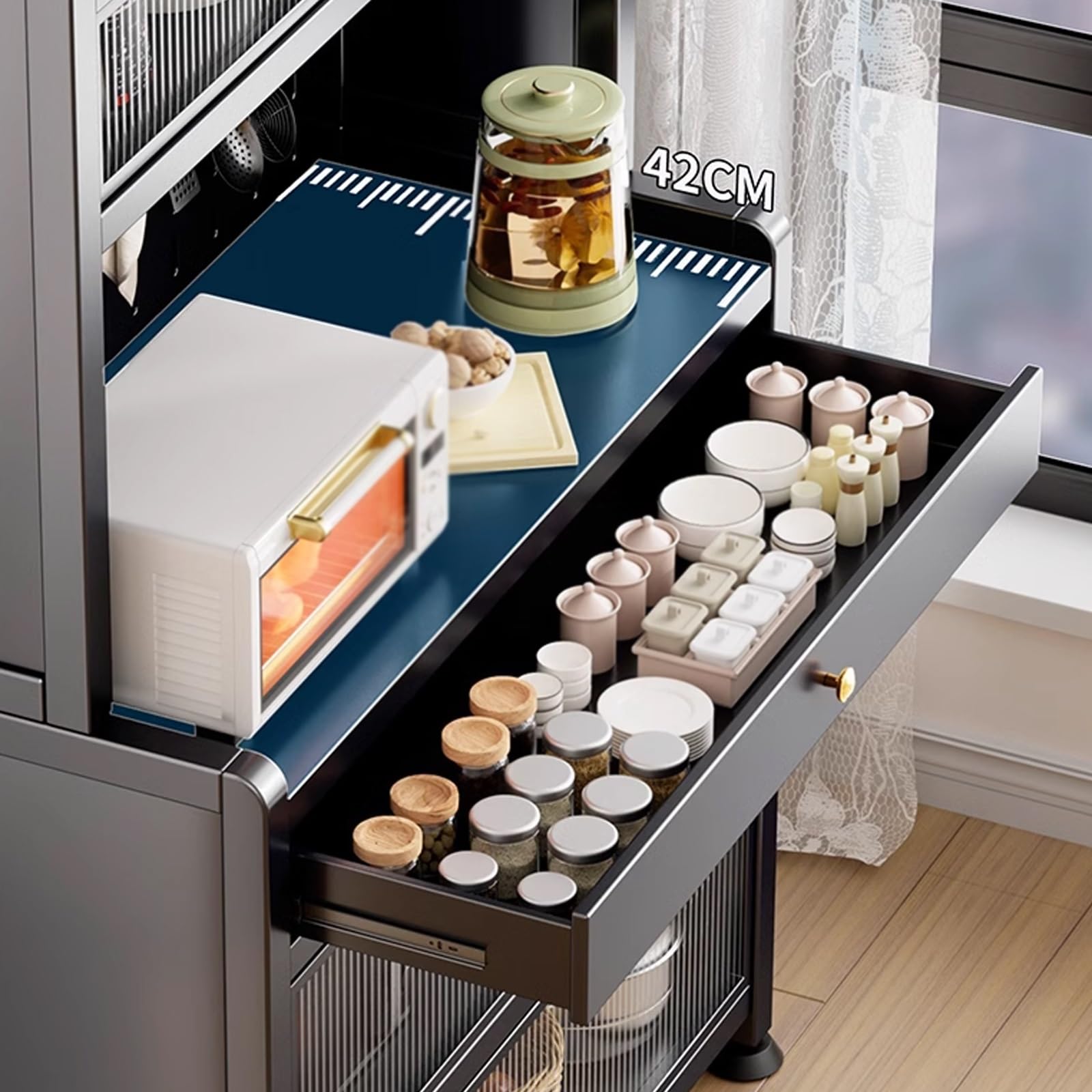 Weißer Küchenschrank mit Arbeitsplatte und Türen, kompakter Boden, Küche mit offenen Regalen, 100 cm, Küchenregal für kleine Räume