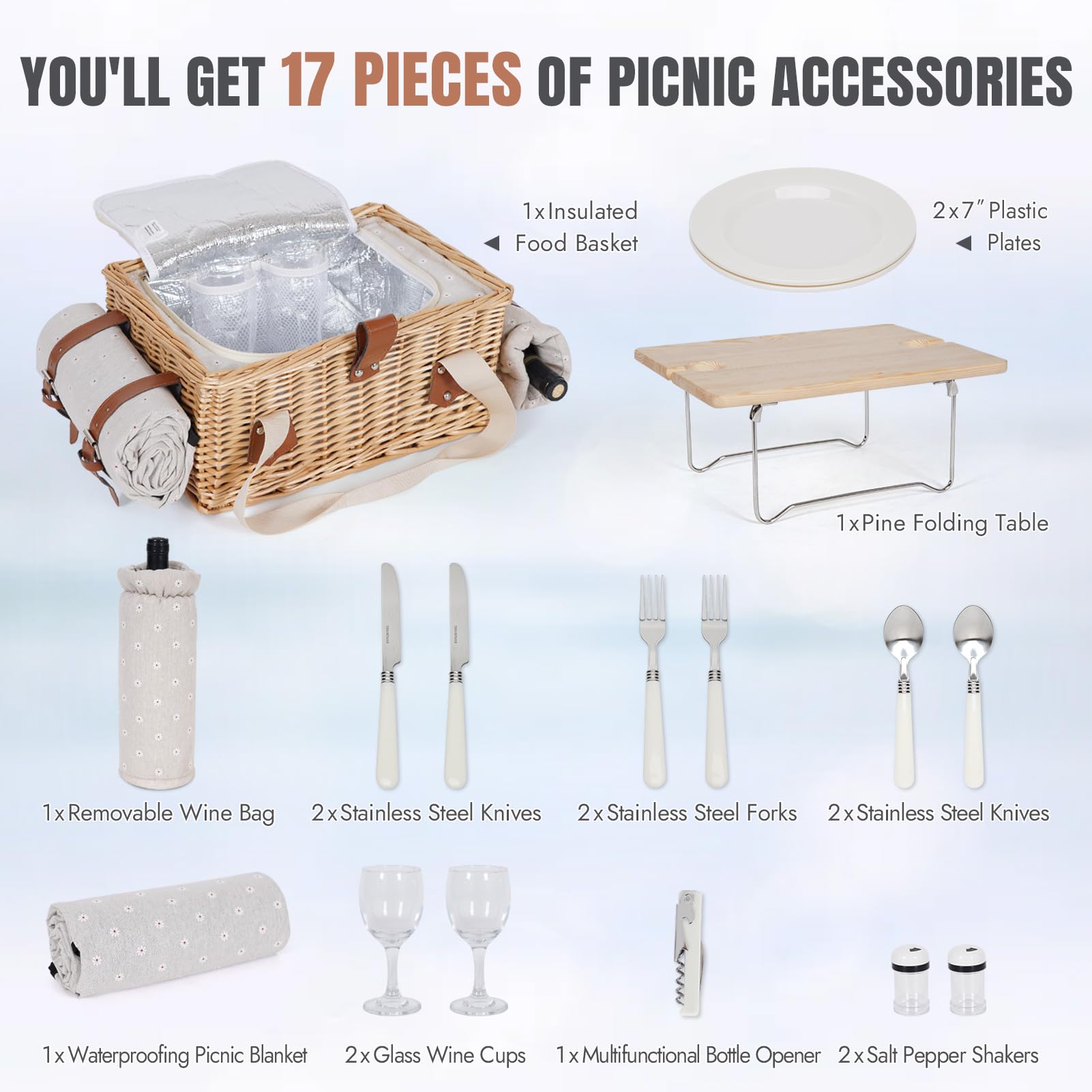 HappyPicnic Picknickkorb für 2, handgefertigtes Weiden-Picknick-Set mit Klapptisch und wasserdichter Decke, großer isolierter Picknickkorb mit Weintasche & Besteck-Set für Picknick, Camping, Urlaub