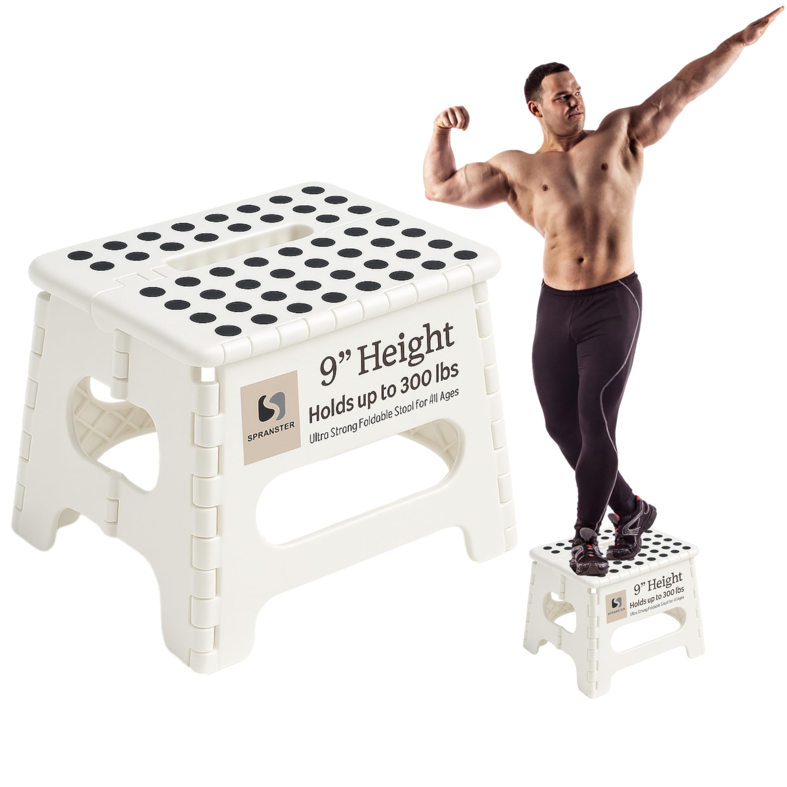 Spranster Folding Step Stool 9", White Non-Slip Plastic Stool for Adults and Kids, Lightweight & Portable