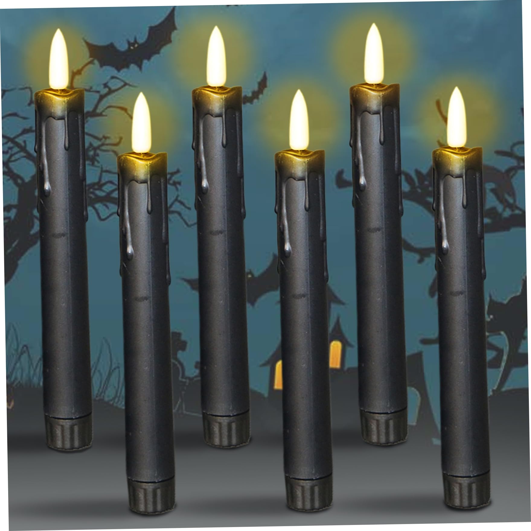 Hperu Black Led Candle, 6Pcs Led Taper Candles 7.4 Inch, Realistic Flameless Battery Operated Candles For Halloween Decorations